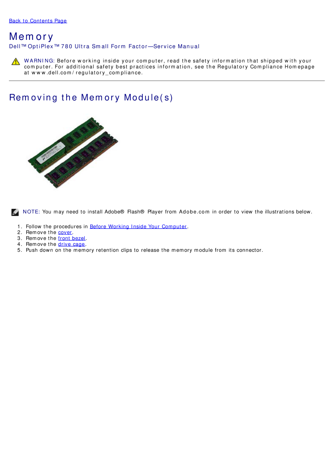 Dell 780 service manual Removing the Memory Modules 