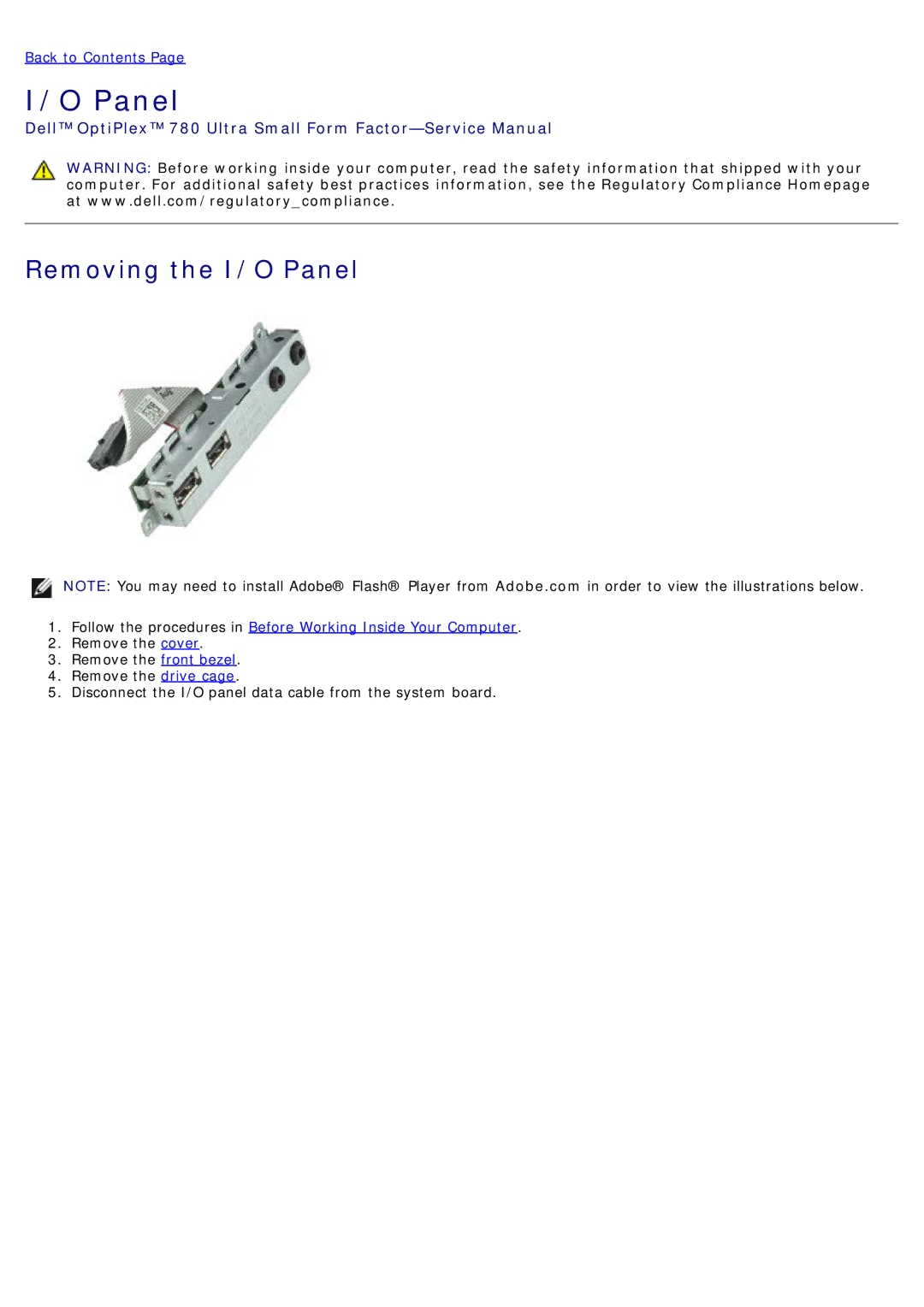 Dell 780 service manual Removing the I/O Panel 