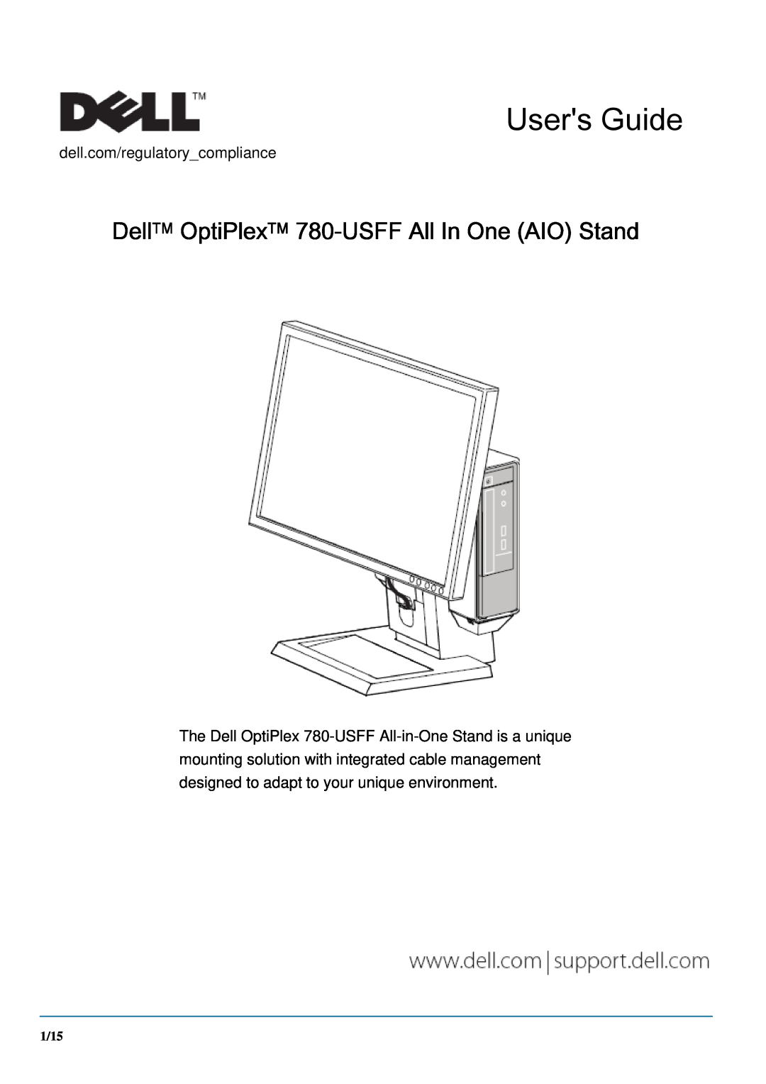 Dell manual DellTM OptiPlexTM 780-USFF All In One AIO Stand, dell.com/regulatorycompliance, Users Guide, 1/15 