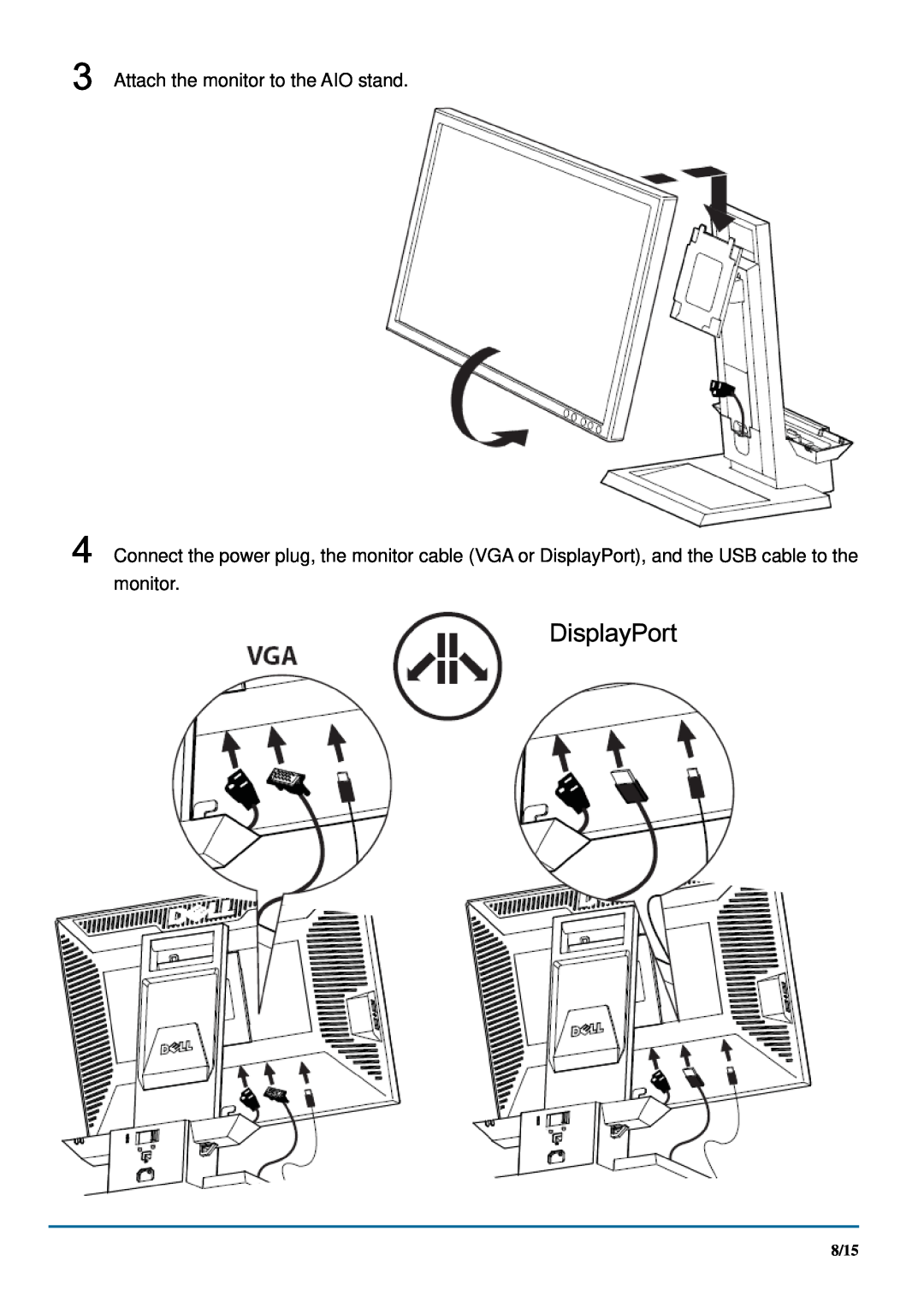 Dell 780 manual Attach the monitor to the AIO stand, DisplayPort, 8/15 