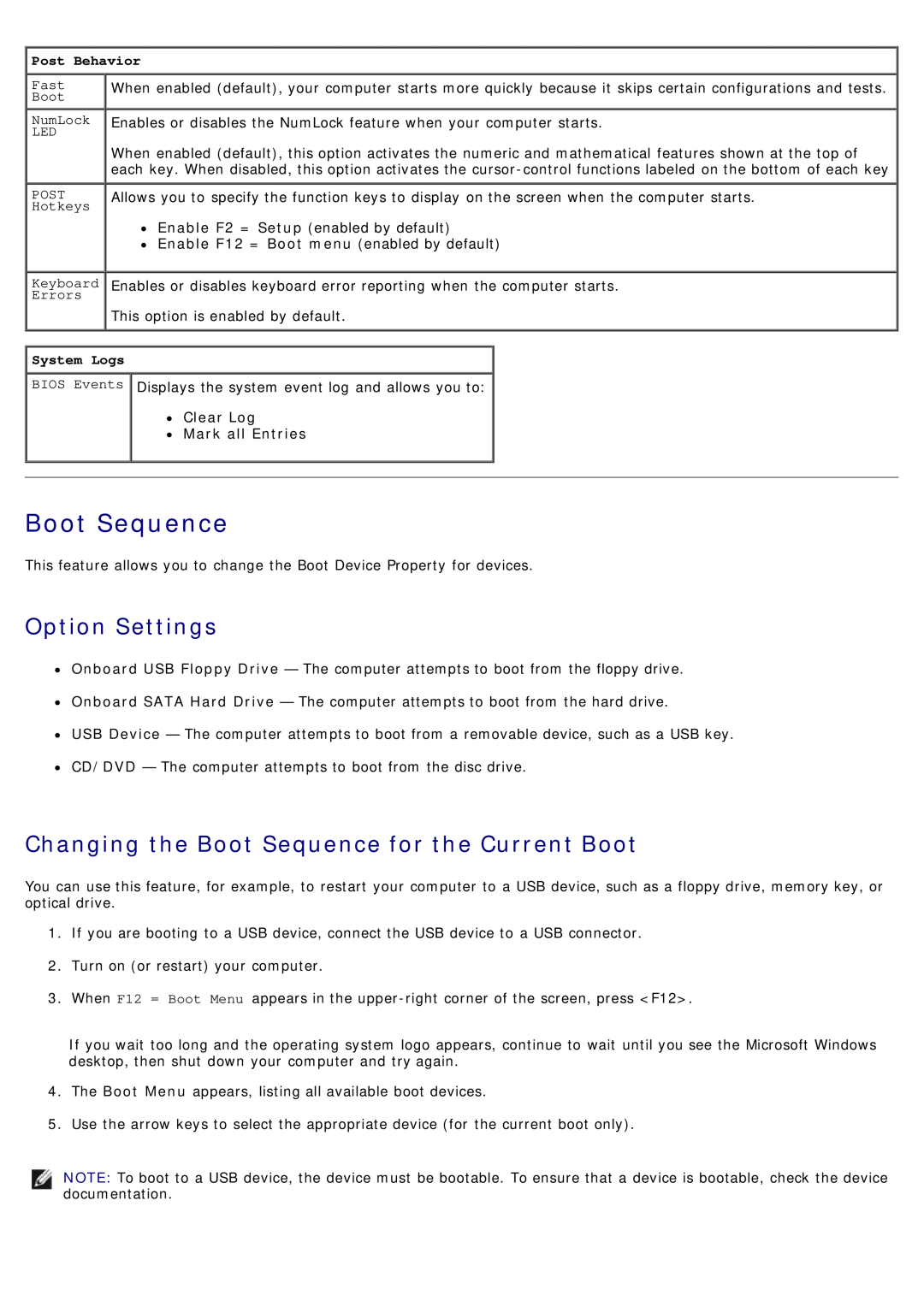 Dell 780 service manual Option Settings, Changing the Boot Sequence for the Current Boot, Post Behavior, System Logs 