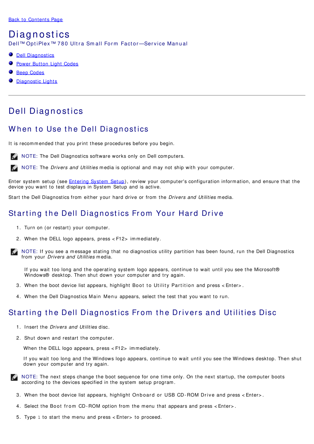 Dell 780 When to Use the Dell Diagnostics, Starting the Dell Diagnostics From Your Hard Drive, Diagnostic Lights 