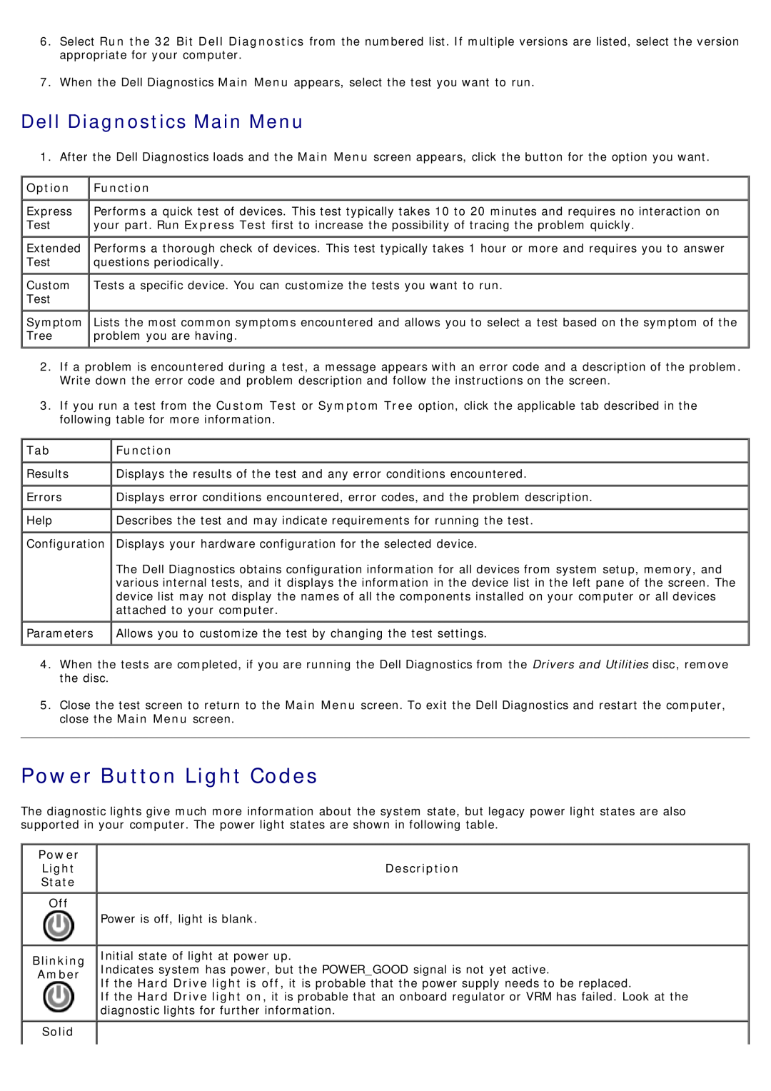 Dell 780 service manual Power Button Light Codes, Dell Diagnostics Main Menu, Option, Function, Description 