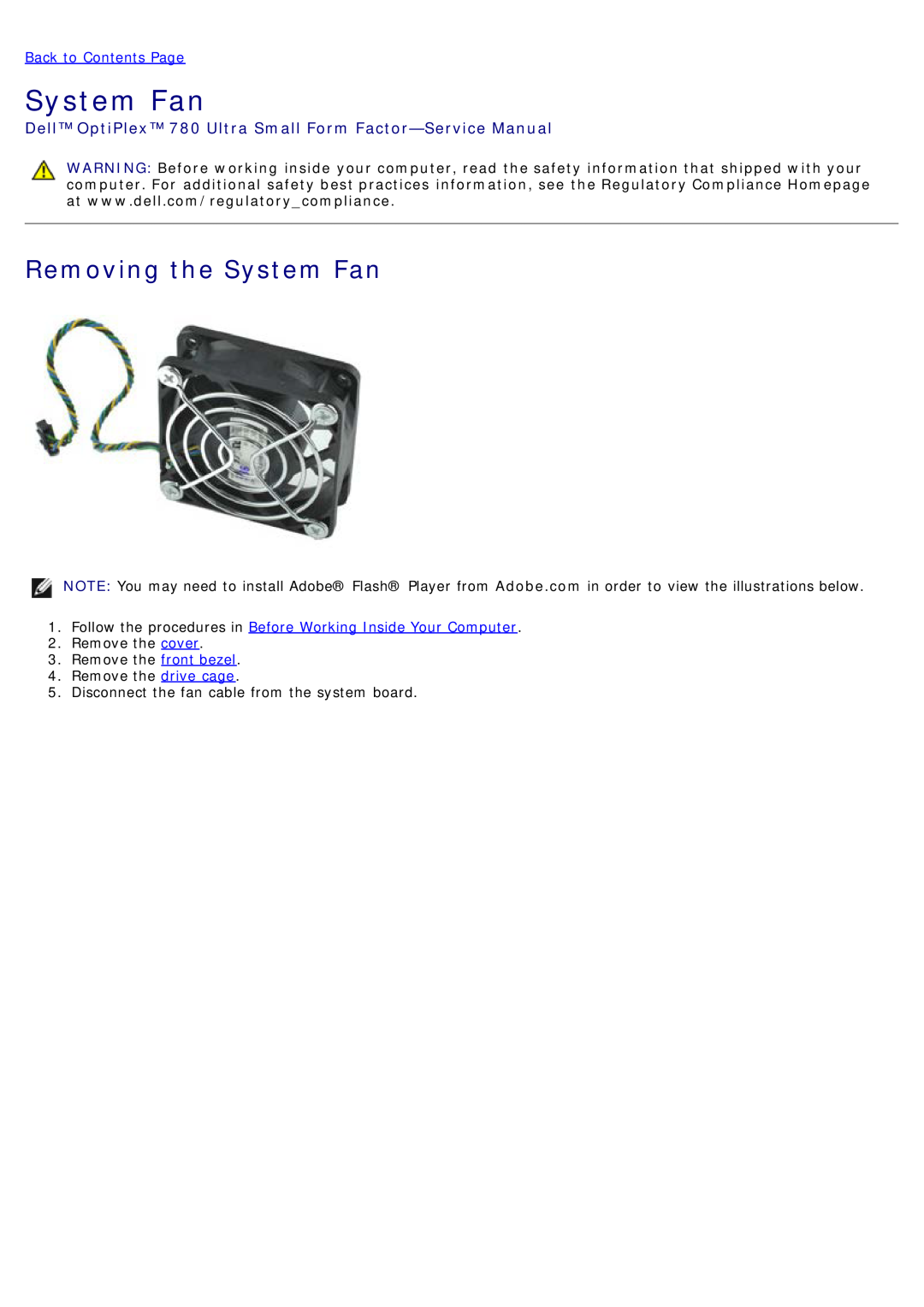 Dell Removing the System Fan, Dell OptiPlex 780 Ultra Small Form Factor-Service Manual, Back to Contents Page 