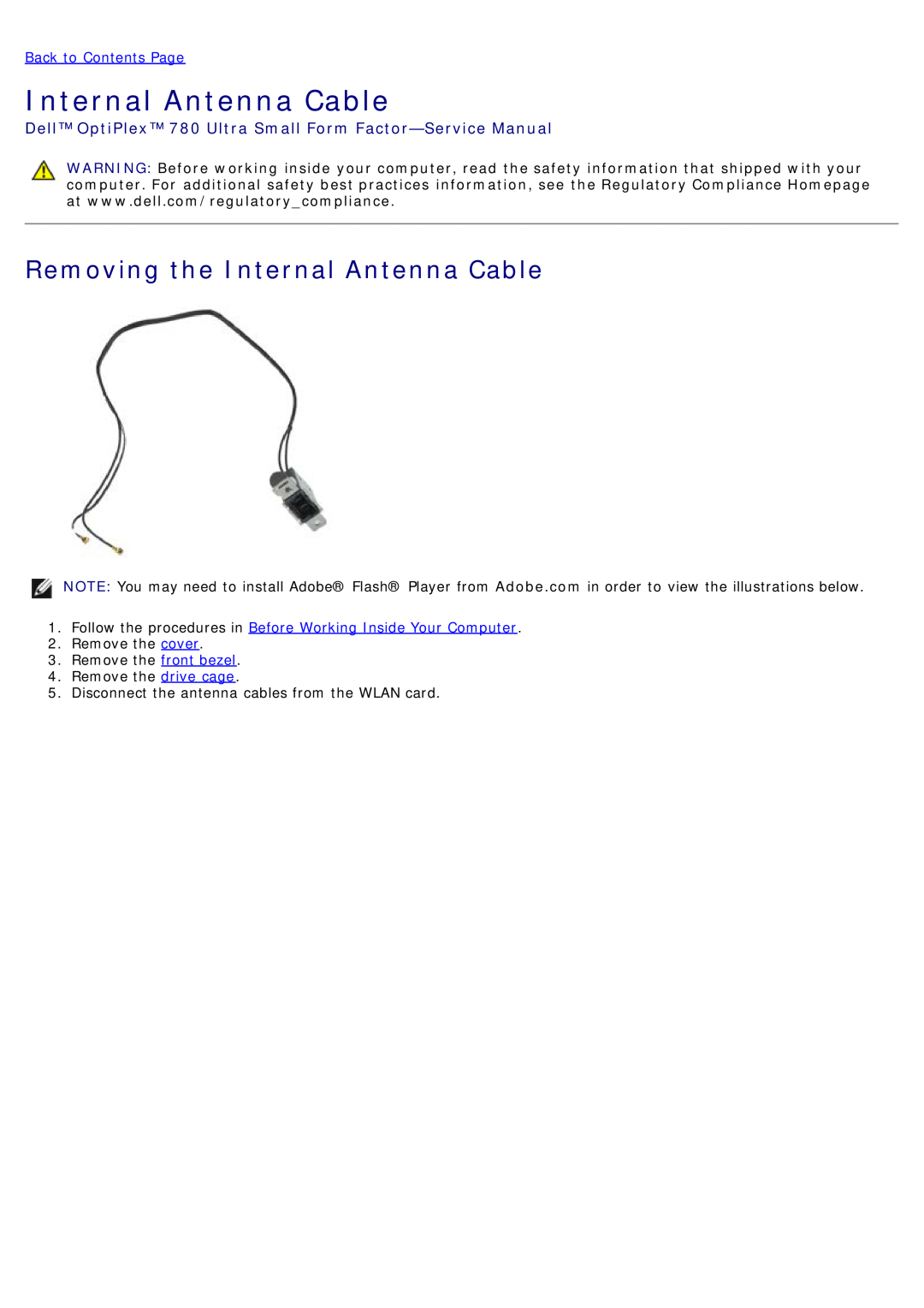 Dell service manual Removing the Internal Antenna Cable, Dell OptiPlex 780 Ultra Small Form Factor-Service Manual 