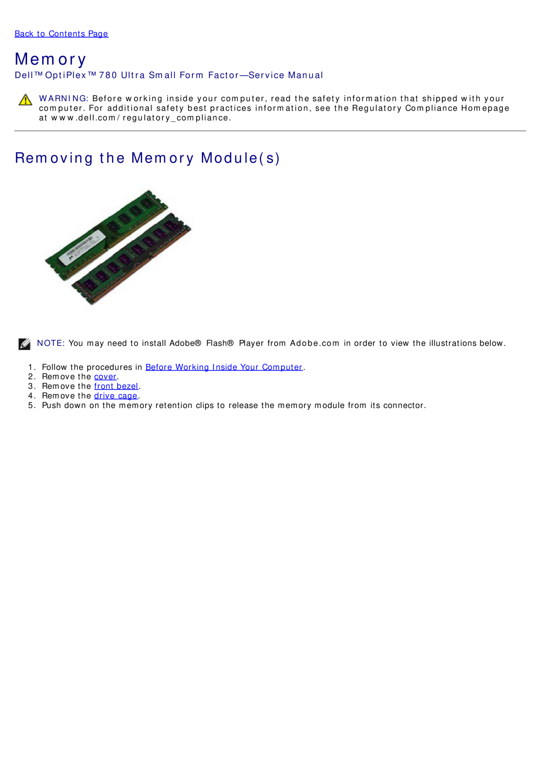 Dell Removing the Memory Modules, Dell OptiPlex 780 Ultra Small Form Factor-Service Manual, Back to Contents Page 