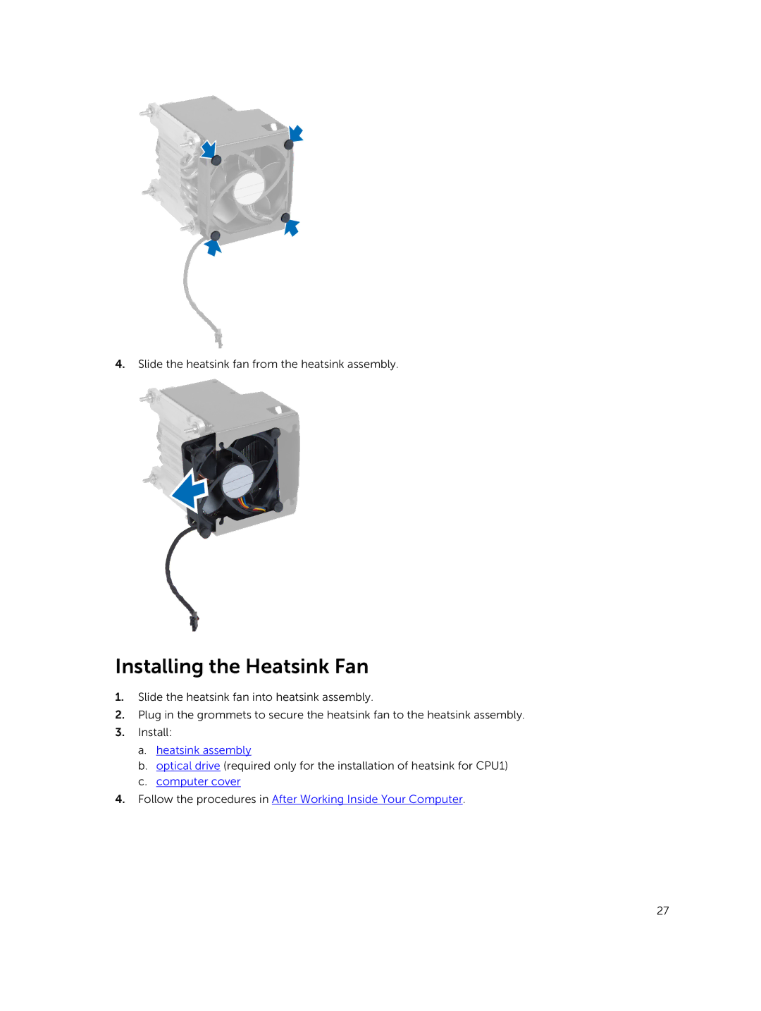 Dell 7810 owner manual Installing the Heatsink Fan 