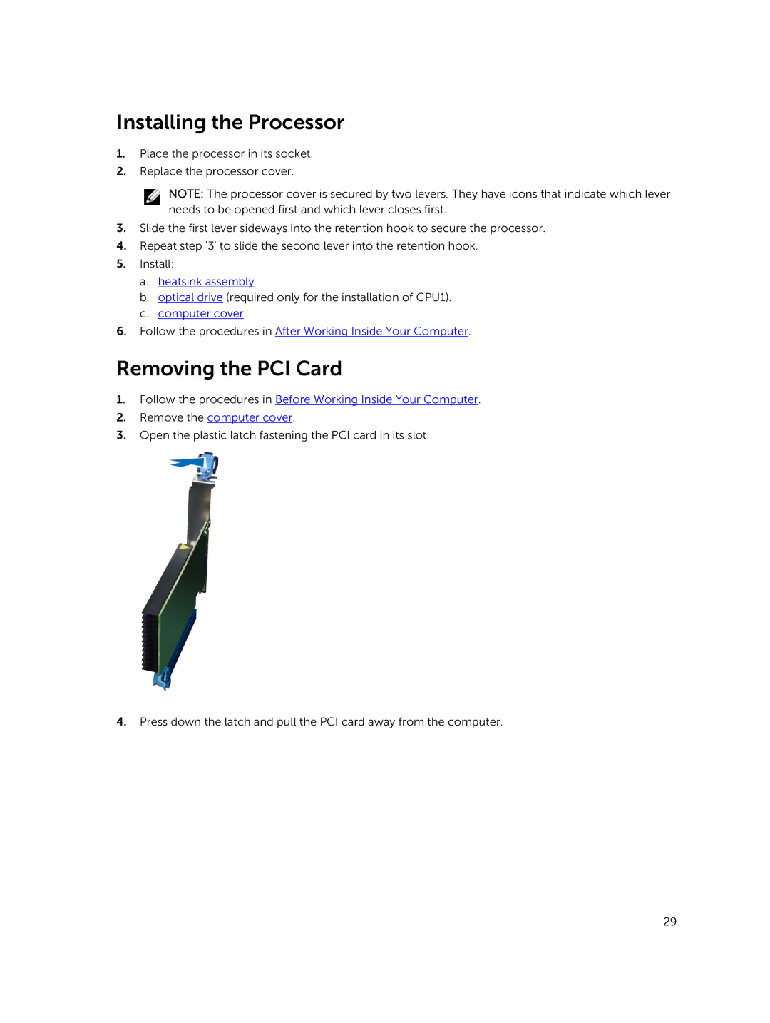 Dell 7810 owner manual Installing the Processor, Removing the PCI Card 