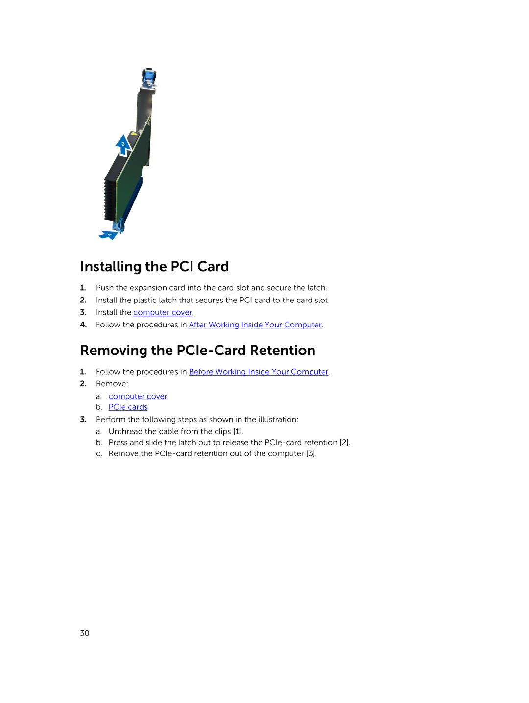 Dell 7810 owner manual Installing the PCI Card, Removing the PCIe-Card Retention 