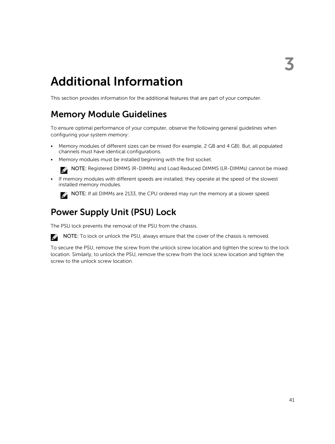 Dell 7810 owner manual Additional Information, Memory Module Guidelines, Power Supply Unit PSU Lock 