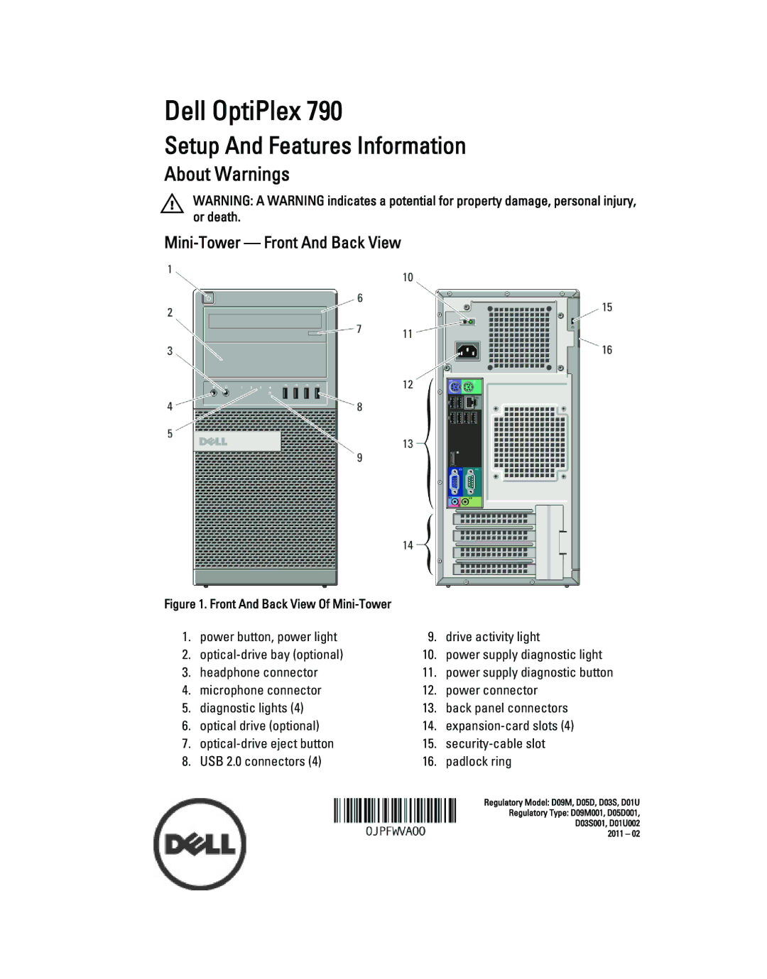 Dell 790.000 manual Dell OptiPlex, Mini-Tower Front And Back View 