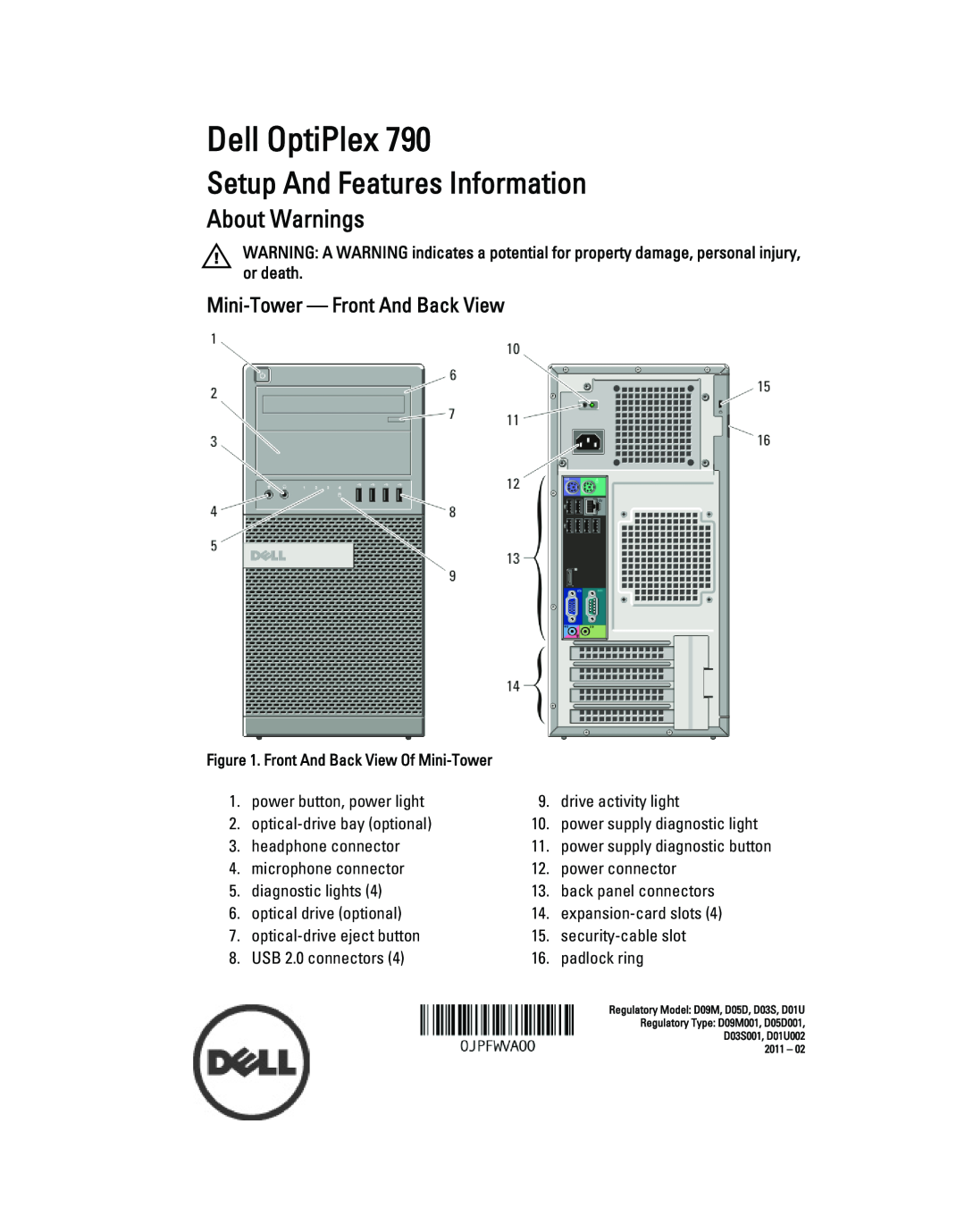 Dell 790.000 manual Mini-Tower - Front And Back View, Dell OptiPlex, Setup And Features Information, About Warnings 