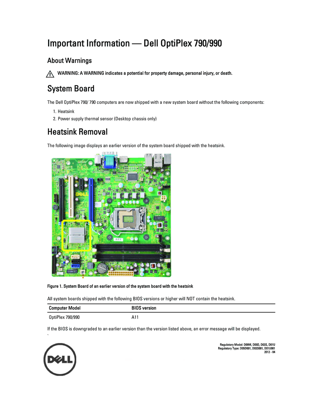 Dell manual Important Information Dell OptiPlex 790/990, System Board, Heatsink Removal 