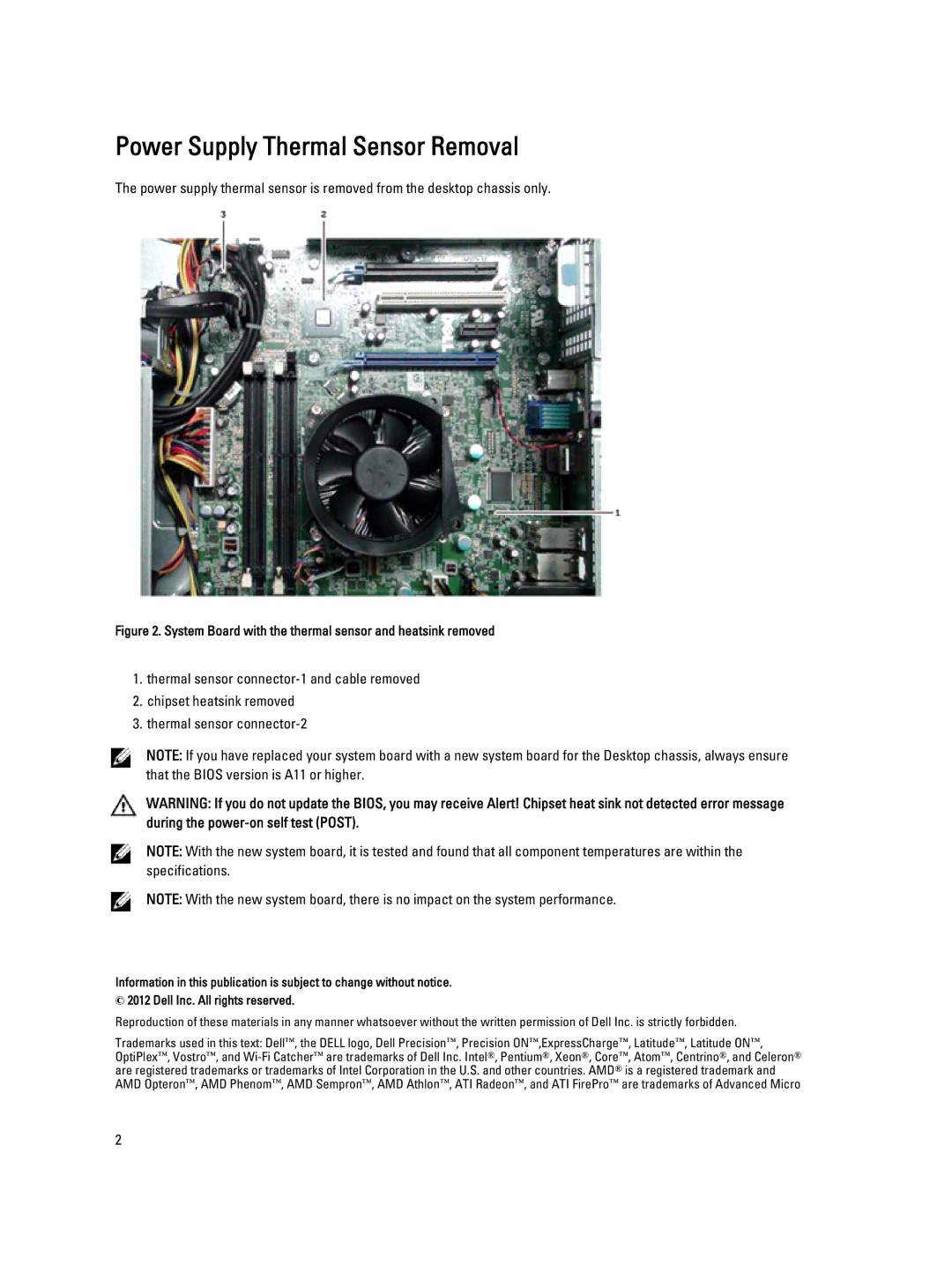 Dell 790/990 manual Power Supply Thermal Sensor Removal, System Board with the thermal sensor and heatsink removed 