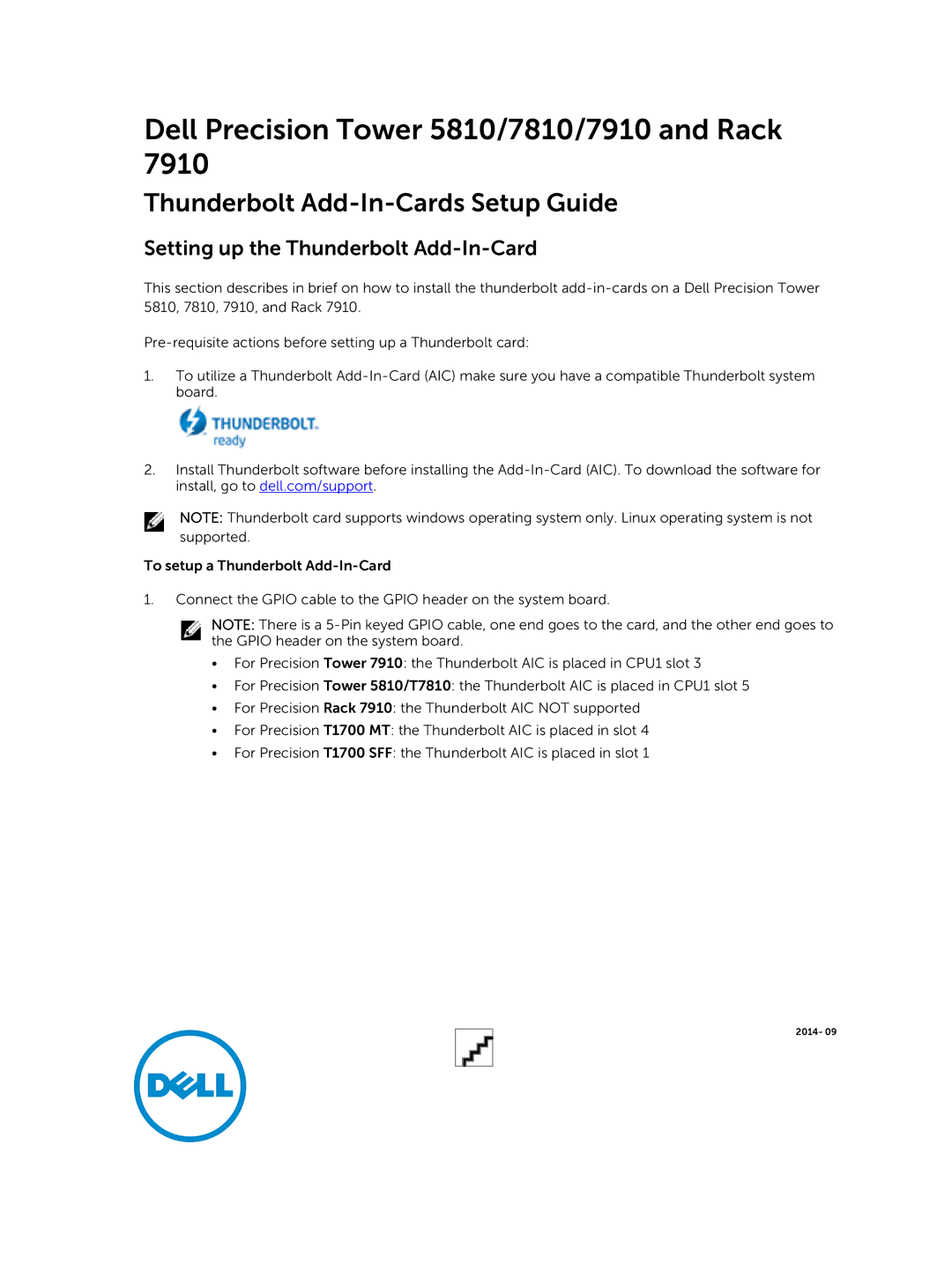 Dell setup guide Dell Precision Tower 5810/7810/7910 and Rack, Thunderbolt Add-In-Cards Setup Guide 