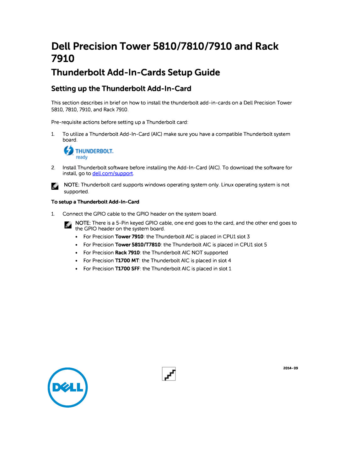 Dell setup guide Thunderbolt Add-In-Cards Setup Guide, Dell Precision Tower 5810/7810/7910 and Rack 