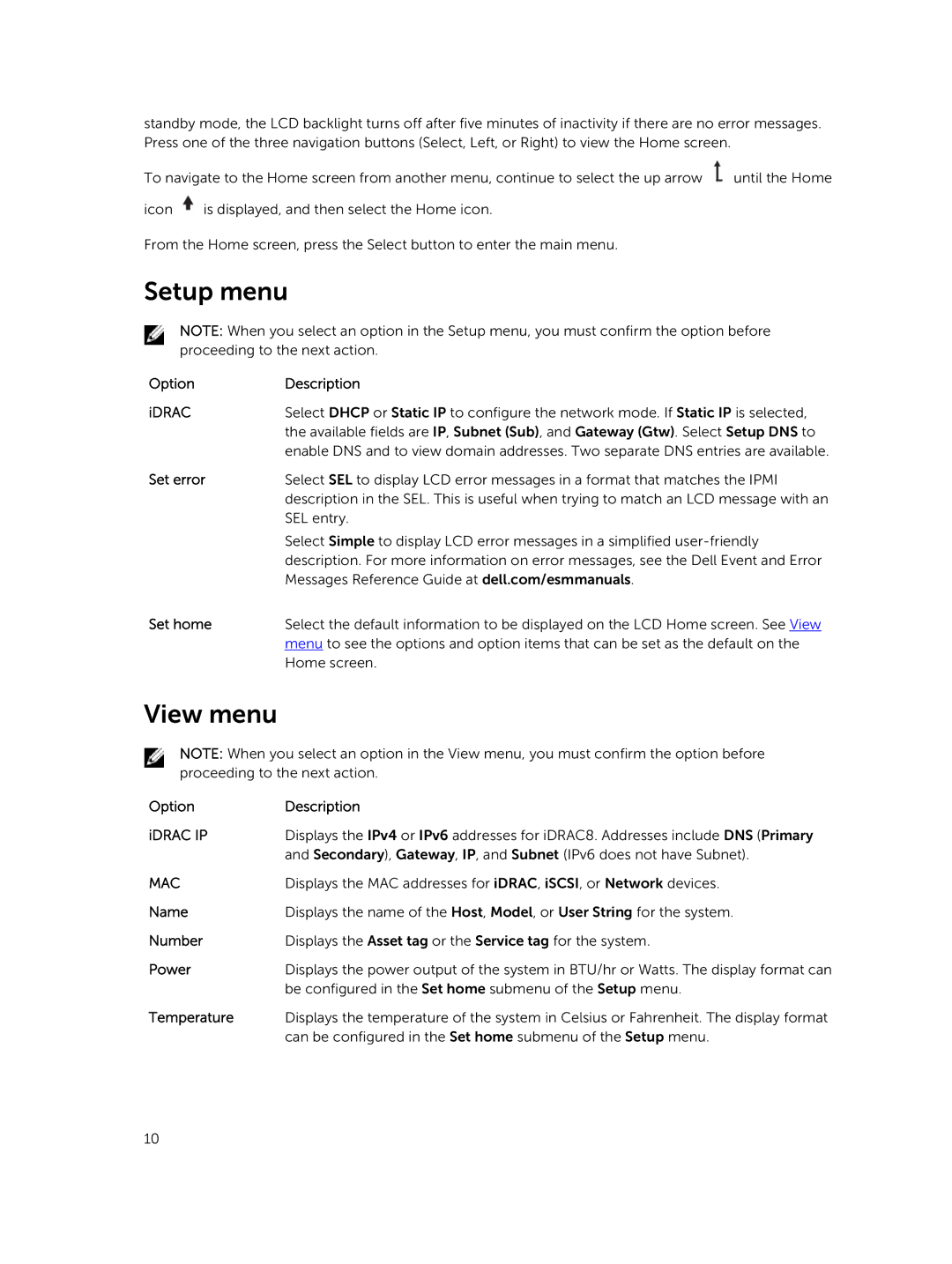 Dell 7910 owner manual Setup menu, View menu 