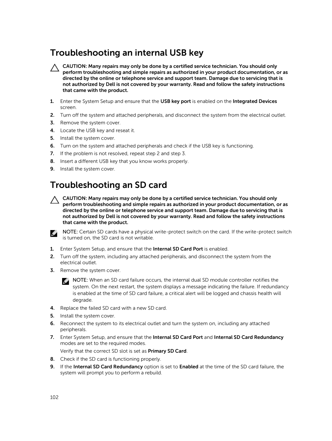 Dell 7910 owner manual Troubleshooting an internal USB key, Troubleshooting an SD card 