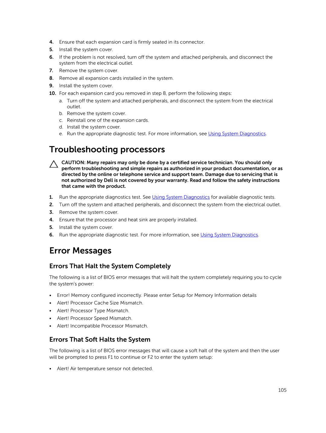 Dell 7910 owner manual Troubleshooting processors, Error Messages, Errors That Halt the System Completely 