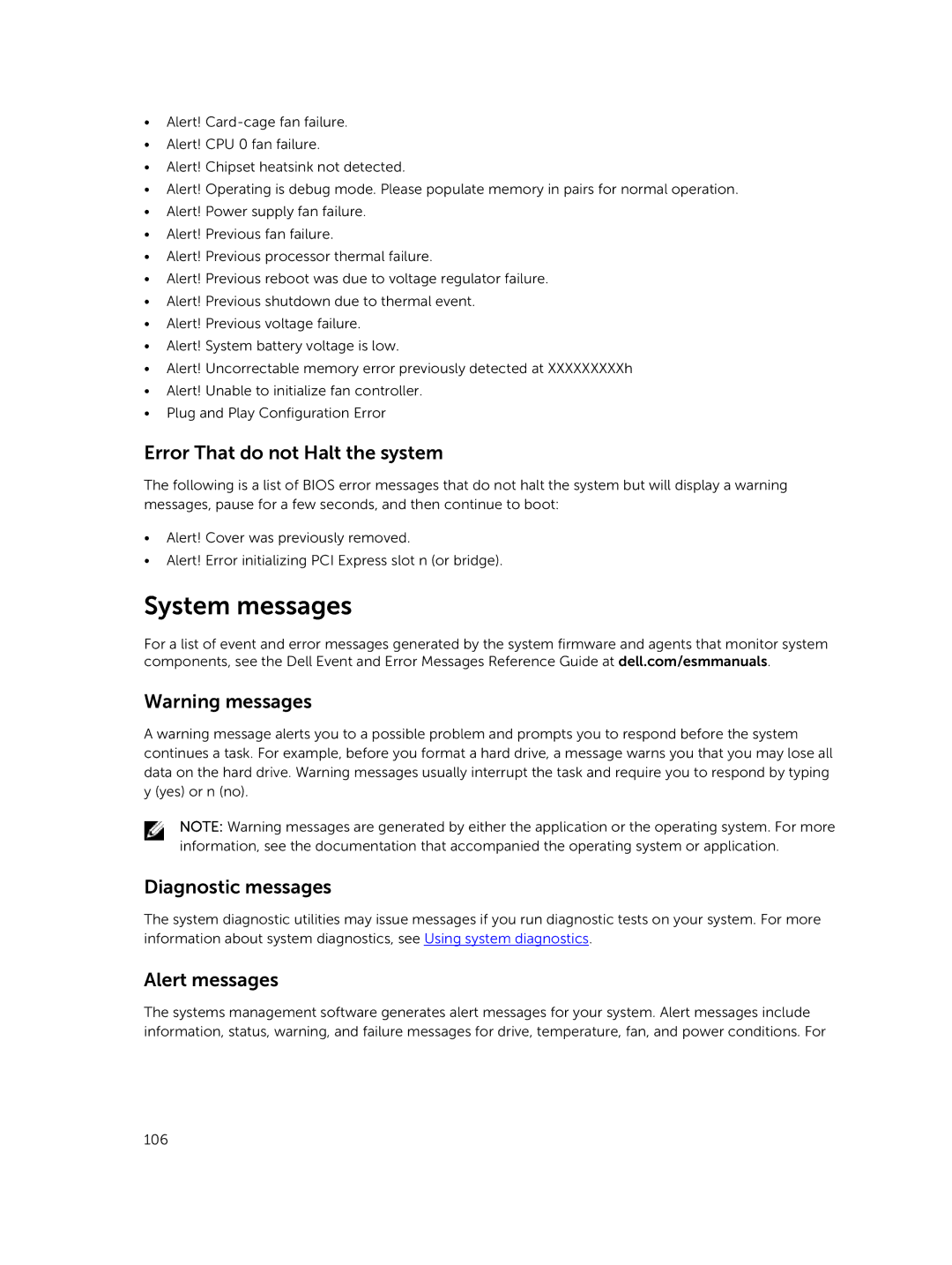 Dell 7910 owner manual System messages, Error That do not Halt the system, Diagnostic messages, Alert messages 