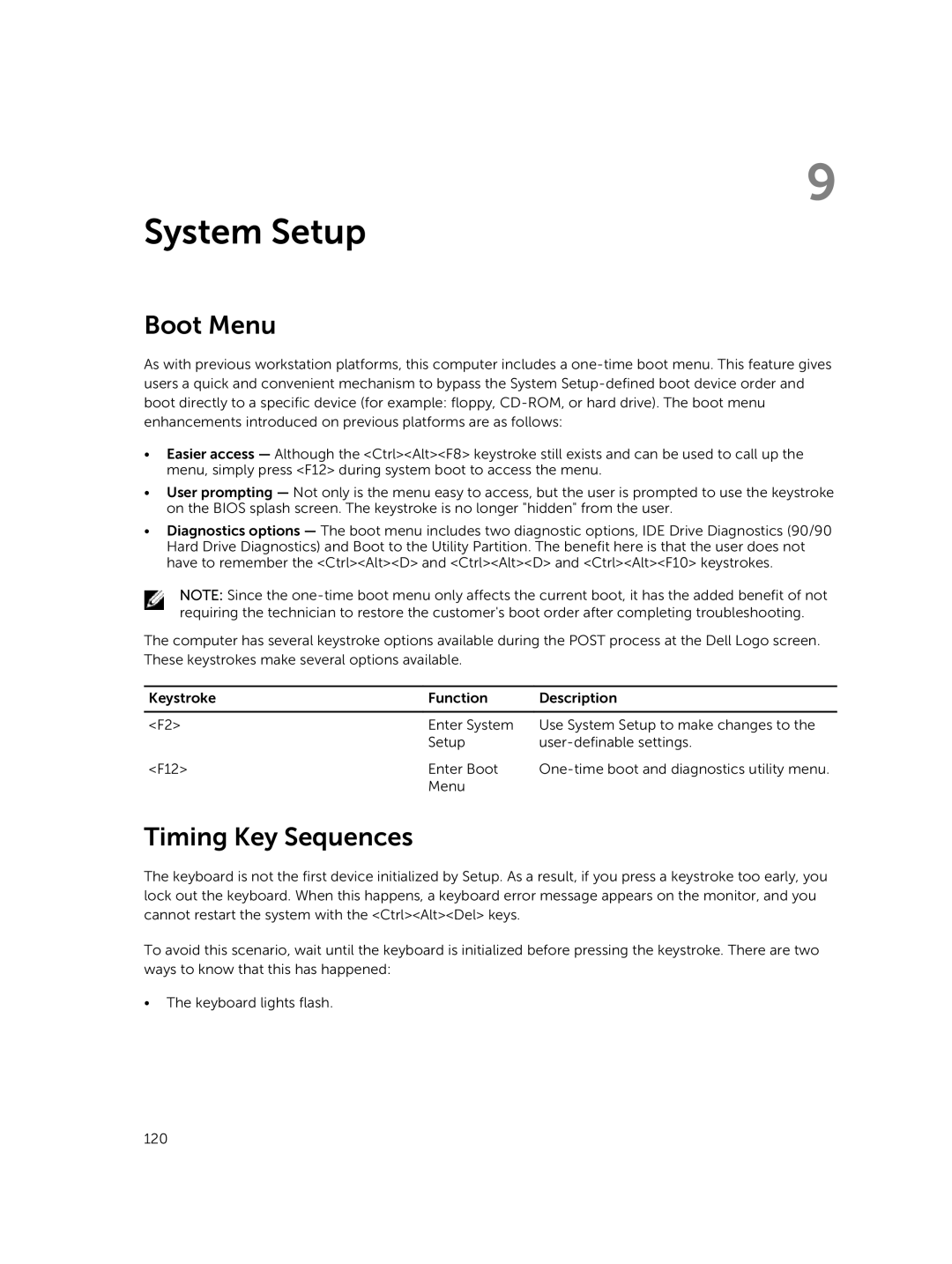 Dell 7910 owner manual System Setup, Boot Menu, Timing Key Sequences 