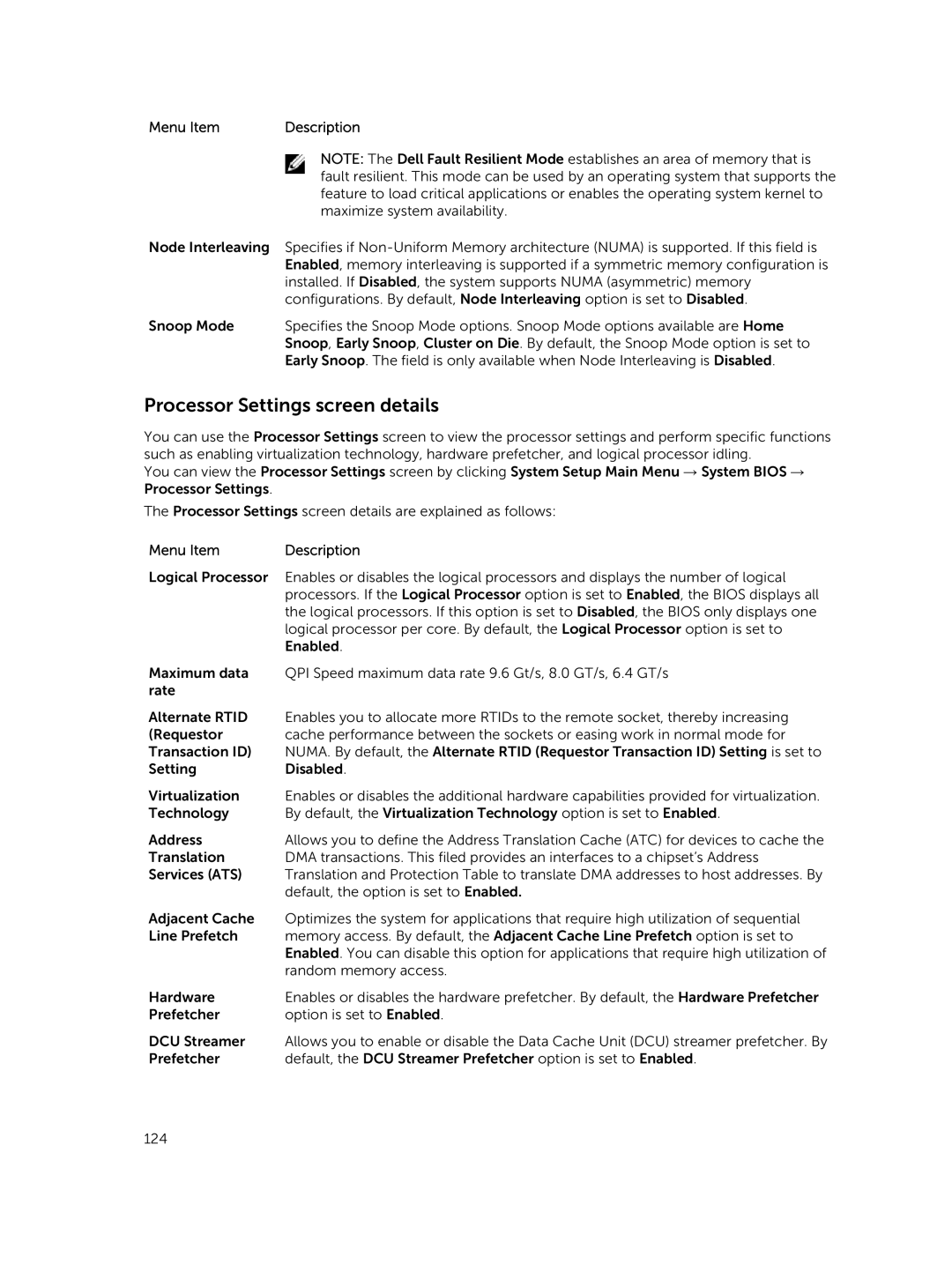 Dell 7910 owner manual Processor Settings screen details 