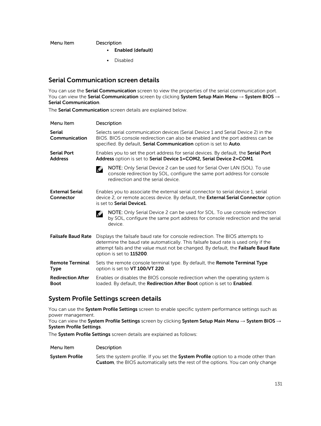 Dell 7910 owner manual Serial Communication screen details, System Profile Settings screen details 