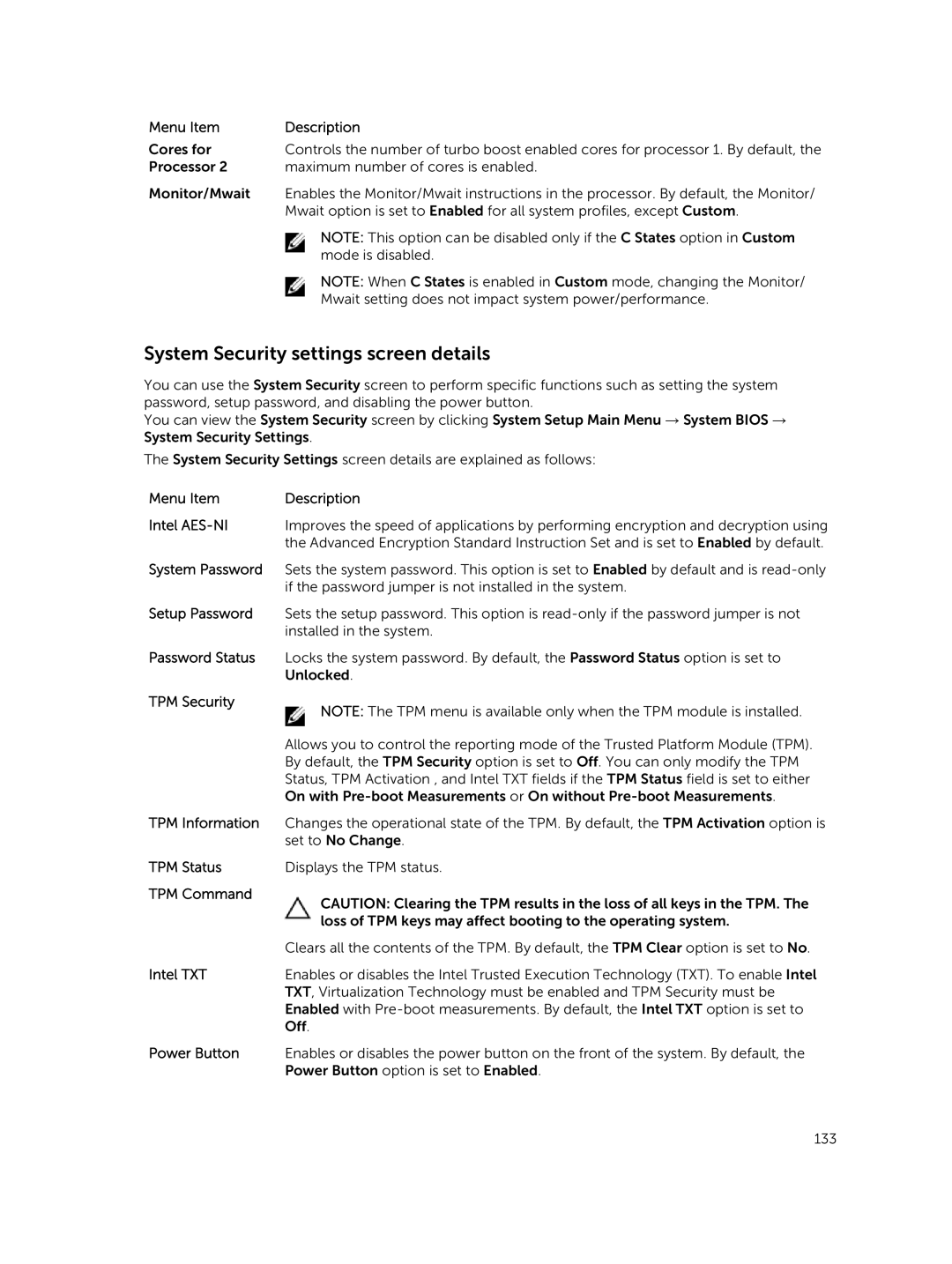 Dell 7910 owner manual System Security settings screen details 