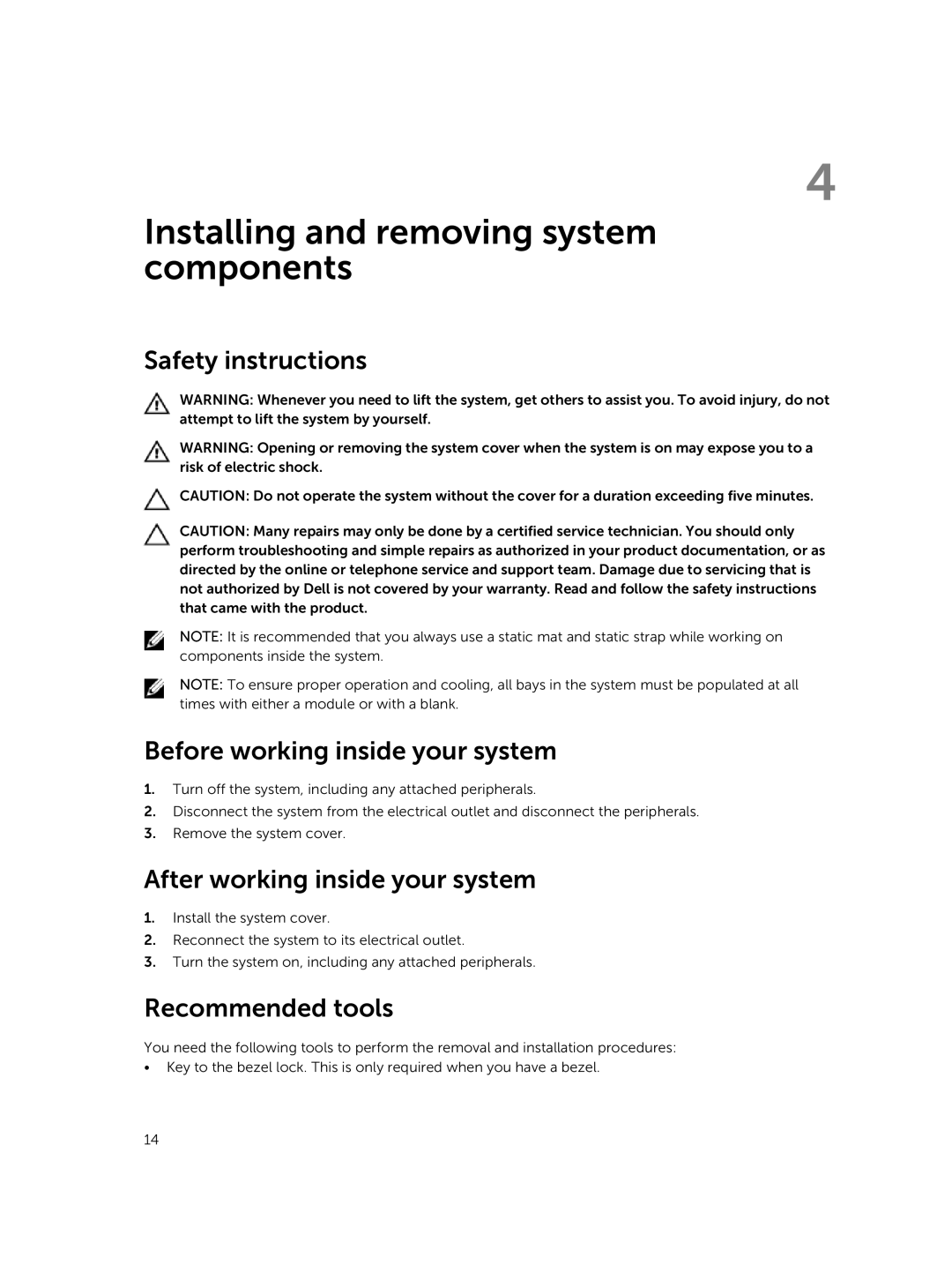 Dell 7910 owner manual Installing and removing system components, Safety instructions Before working inside your system 