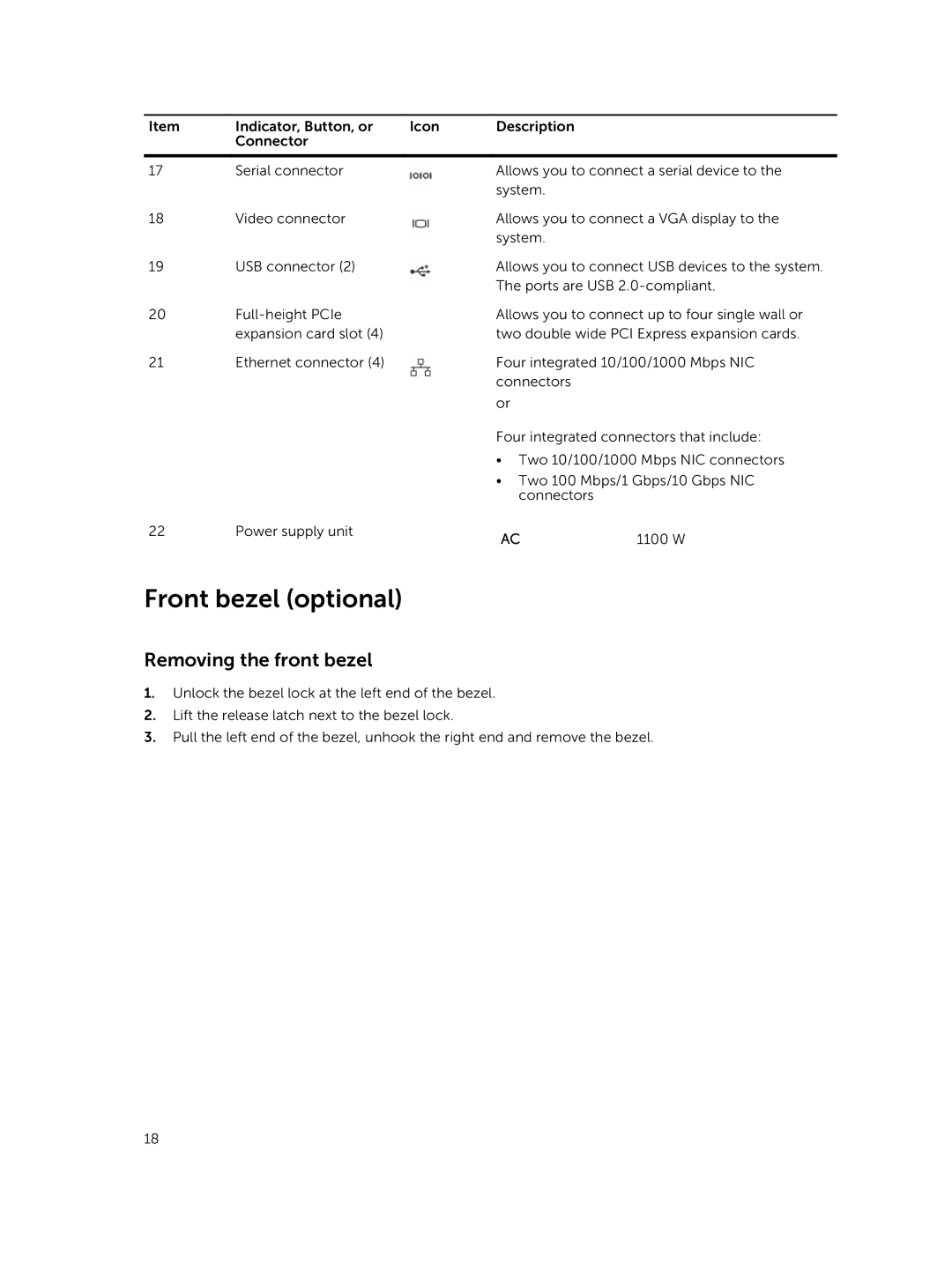 Dell 7910 owner manual Front bezel optional, Removing the front bezel 