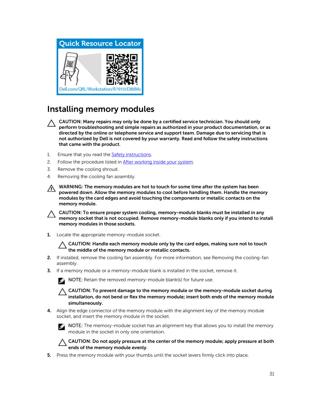 Dell 7910 owner manual Installing memory modules 