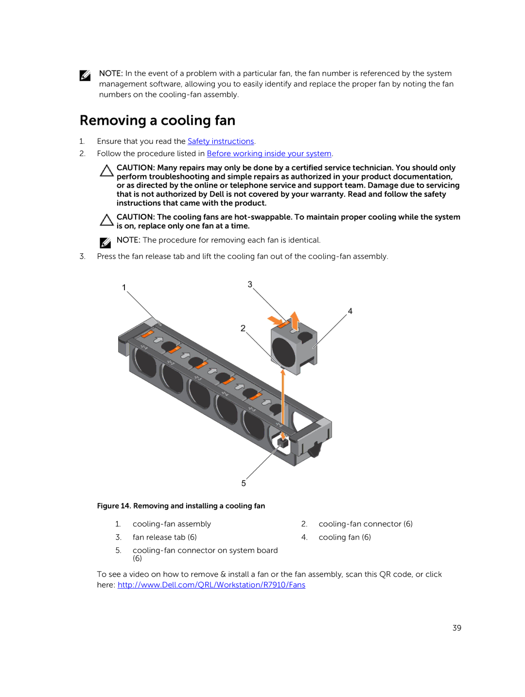 Dell 7910 owner manual Removing a cooling fan, Removing and installing a cooling fan 