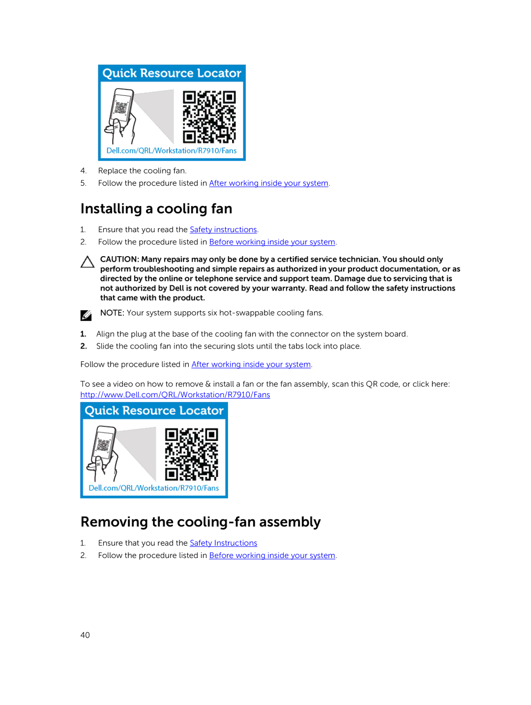 Dell 7910 owner manual Installing a cooling fan, Removing the cooling-fan assembly 