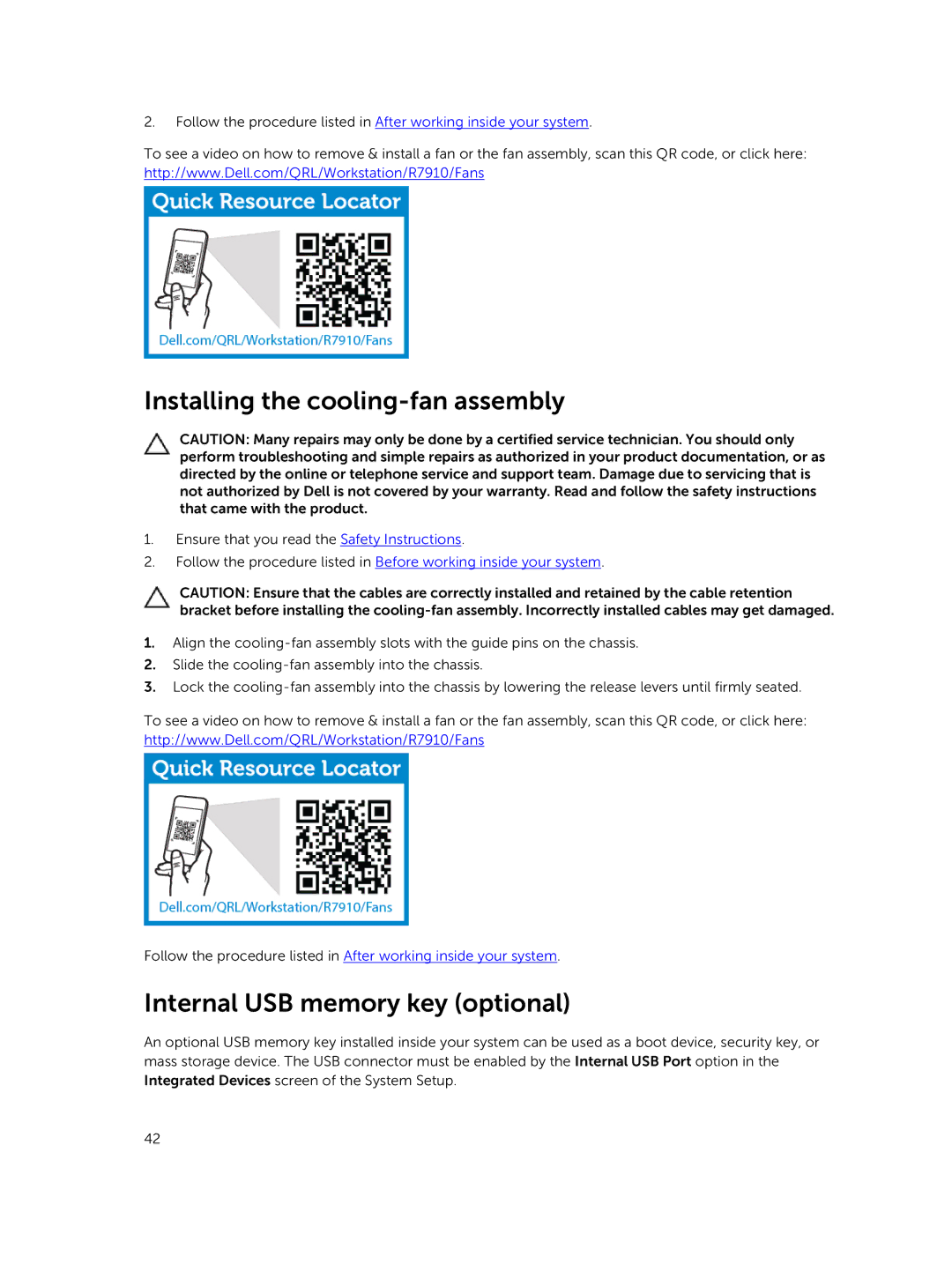 Dell 7910 owner manual Installing the cooling-fan assembly, Internal USB memory key optional 