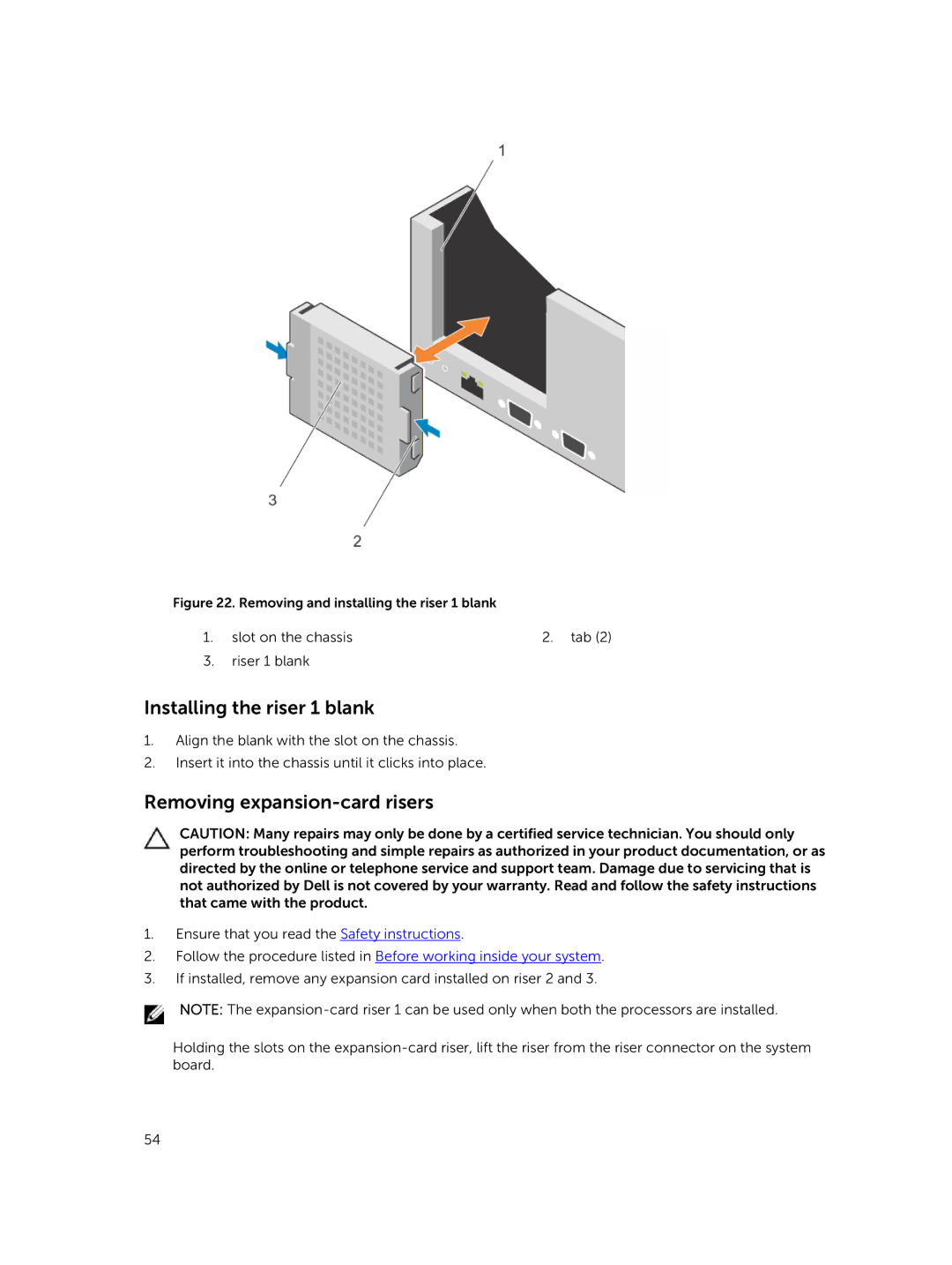 Dell 7910 owner manual Installing the riser 1 blank, Removing expansion-card risers 