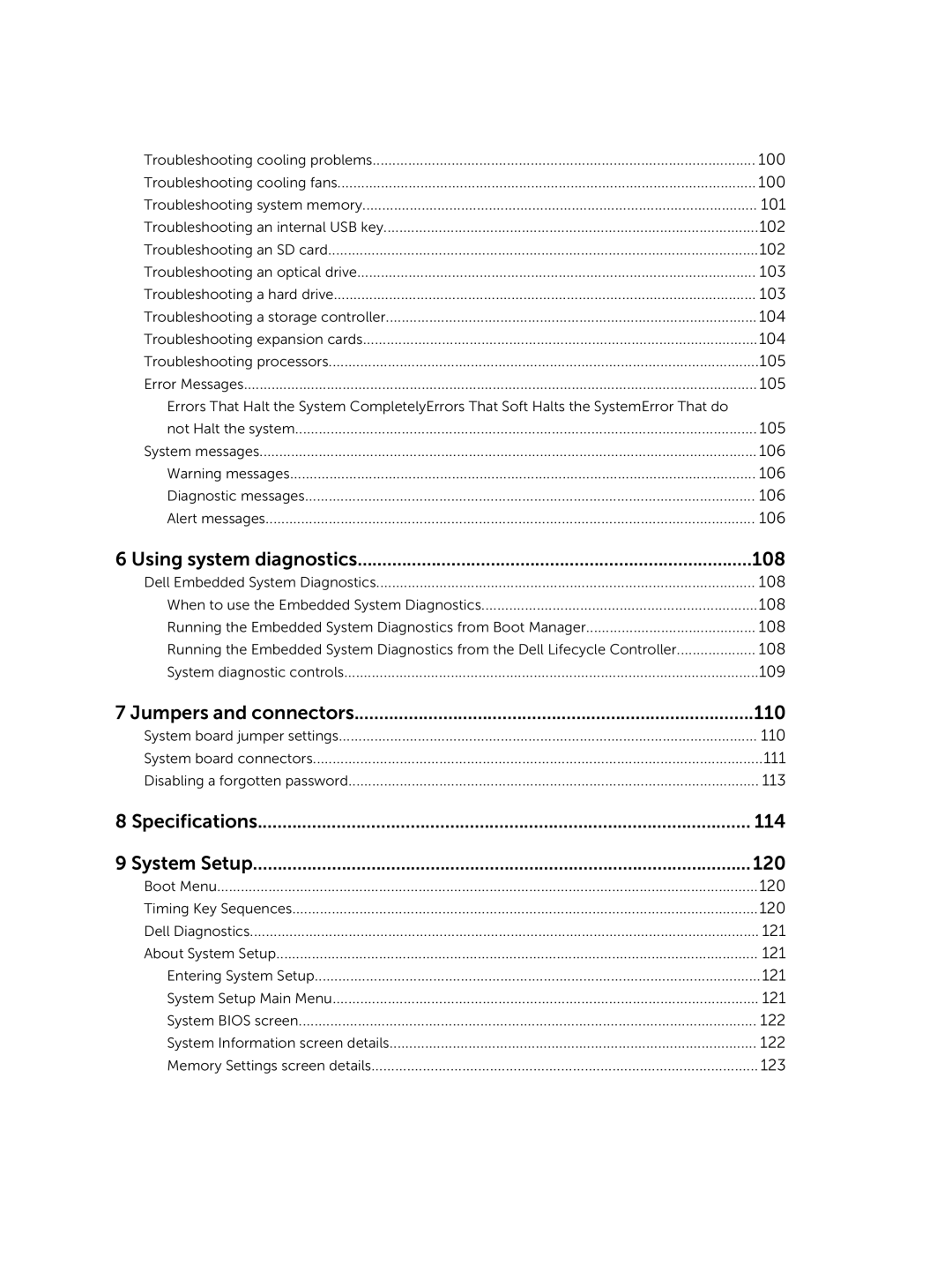 Dell 7910 owner manual Using system diagnostics 108, Jumpers and connectors 110, Specifications 114 System Setup 120 