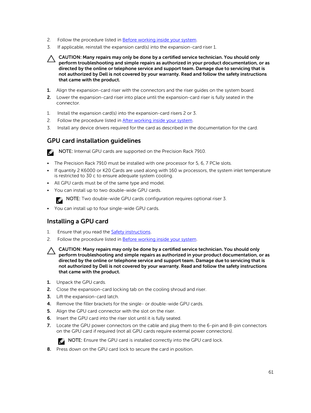 Dell 7910 owner manual GPU card installation guidelines, Installing a GPU card 