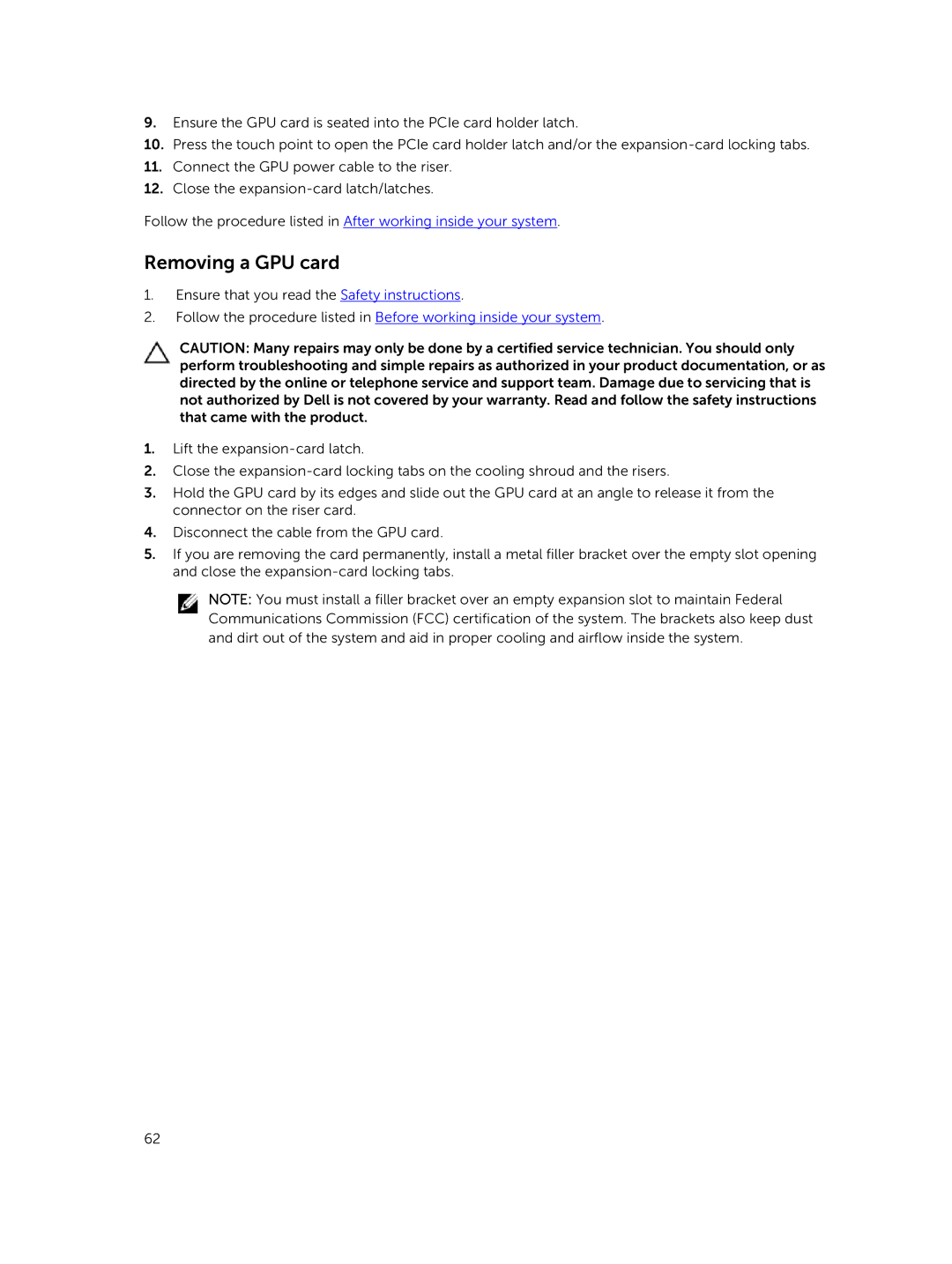 Dell 7910 owner manual Removing a GPU card 