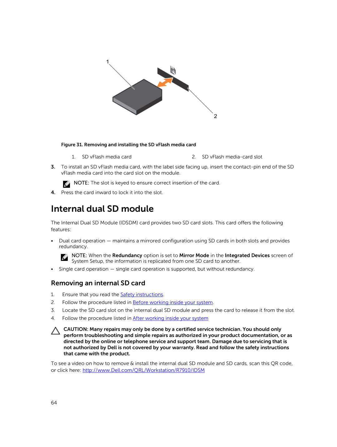 Dell 7910 owner manual Internal dual SD module, Removing an internal SD card 