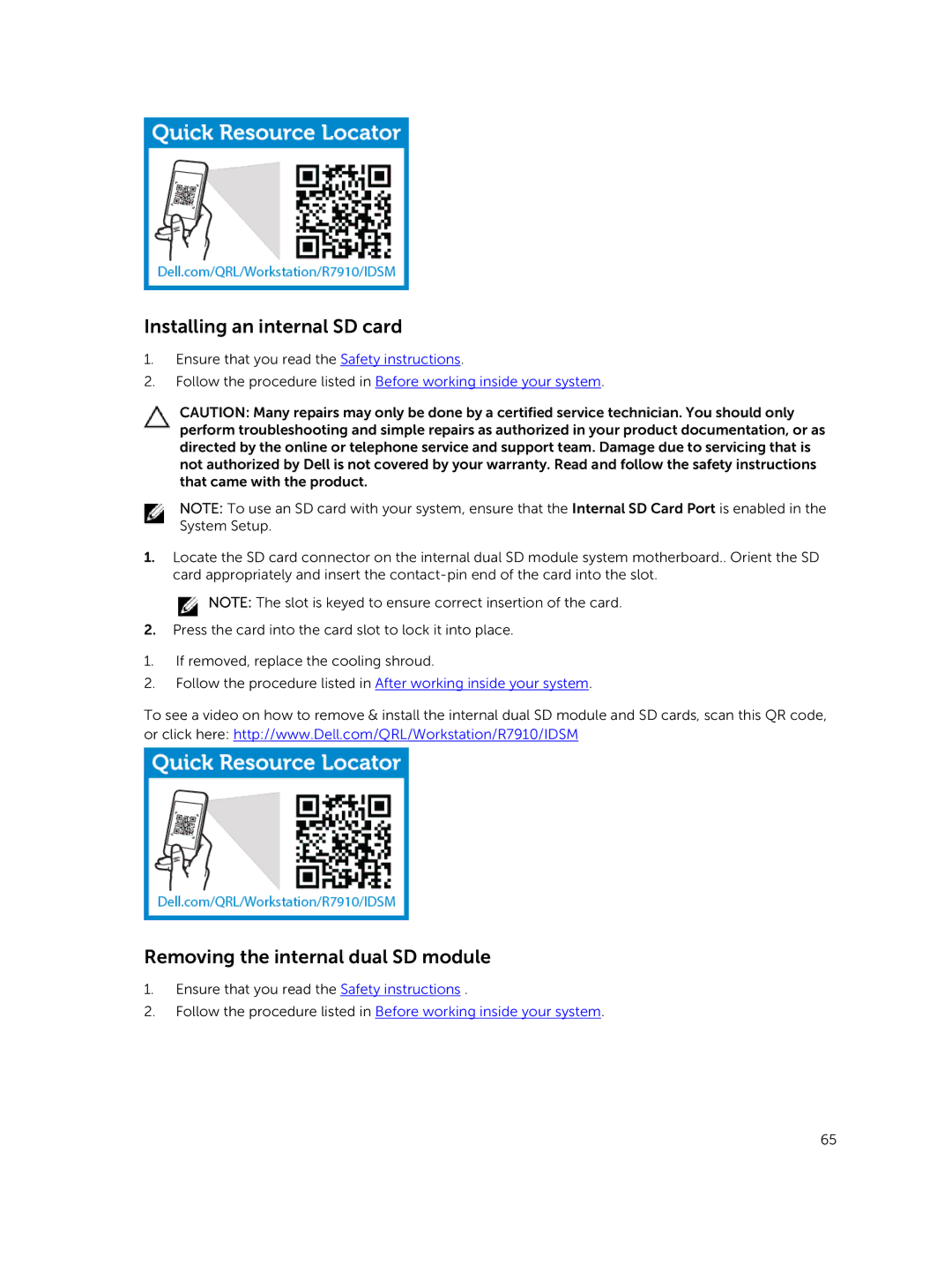 Dell 7910 owner manual Installing an internal SD card, Removing the internal dual SD module 