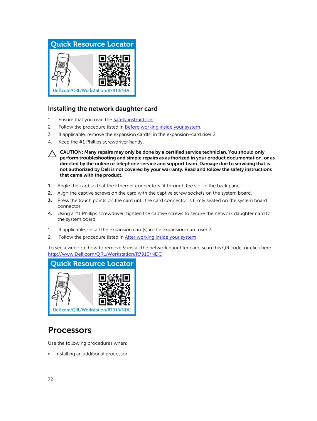 Dell 7910 owner manual Processors, Installing the network daughter card 