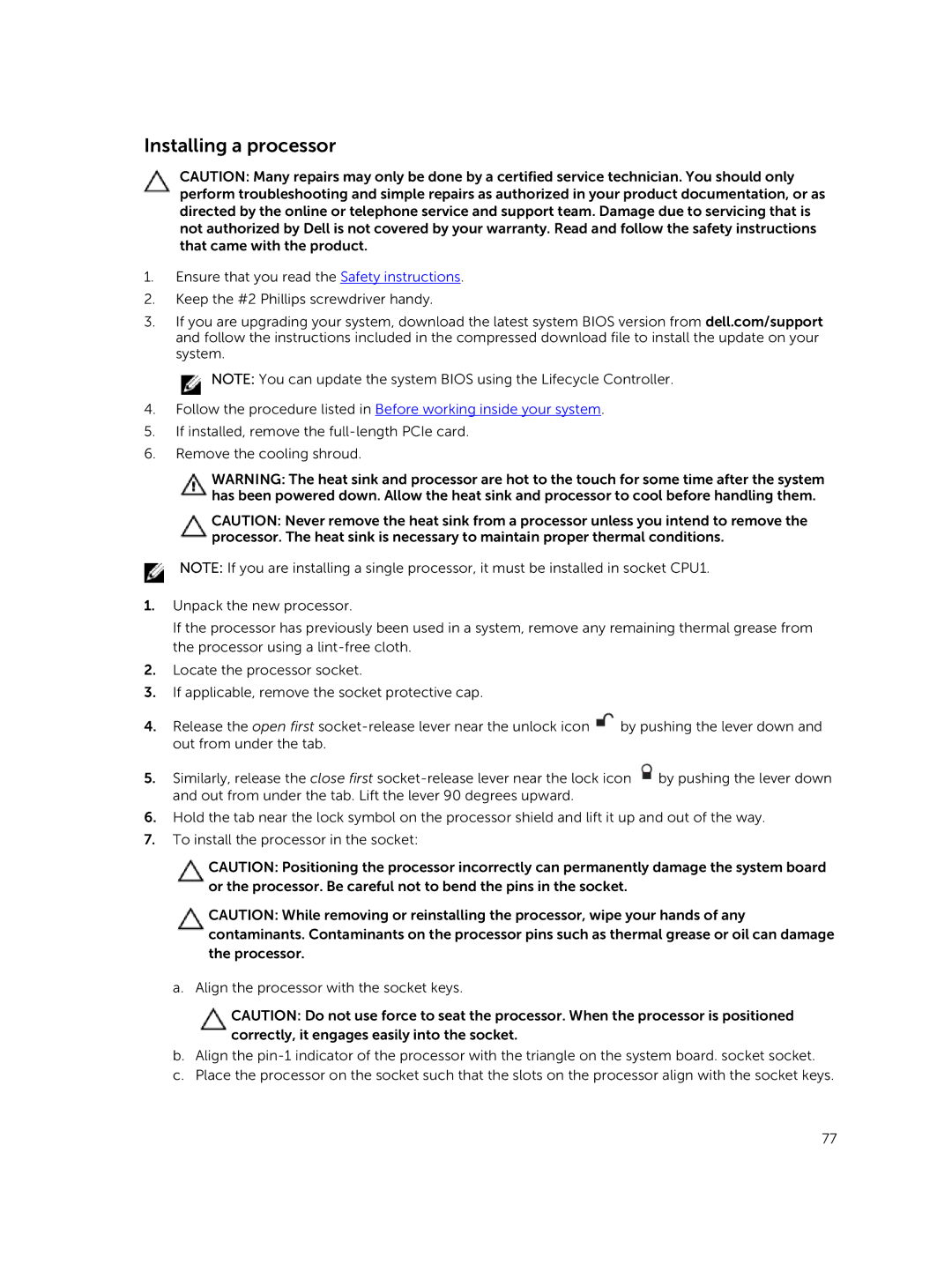 Dell 7910 owner manual Installing a processor 