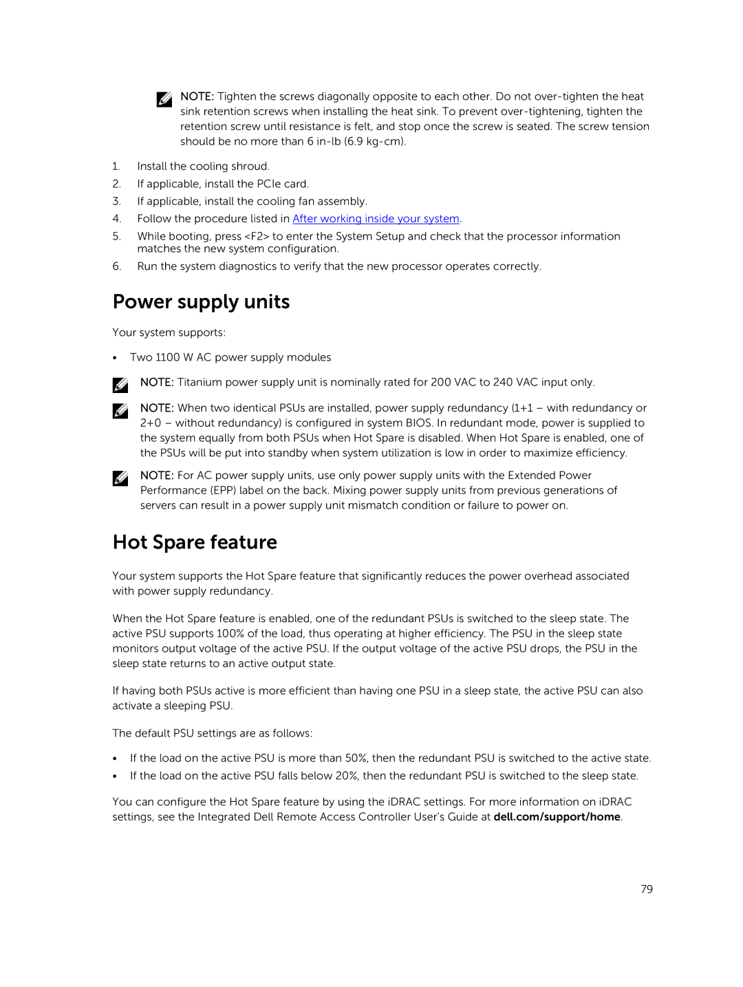 Dell 7910 owner manual Power supply units, Hot Spare feature 