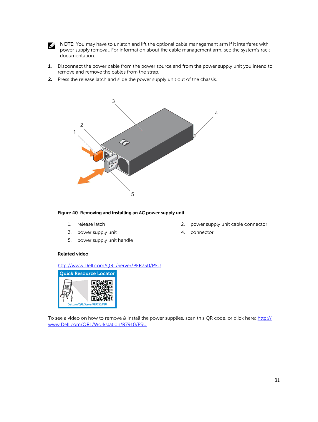 Dell 7910 owner manual Removing and installing an AC power supply unit 