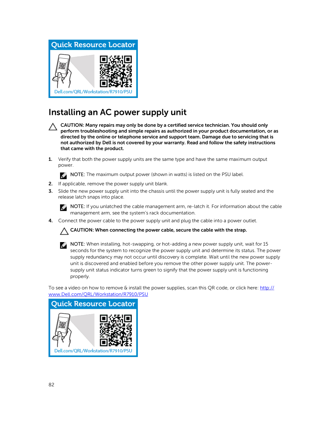 Dell 7910 owner manual Installing an AC power supply unit 