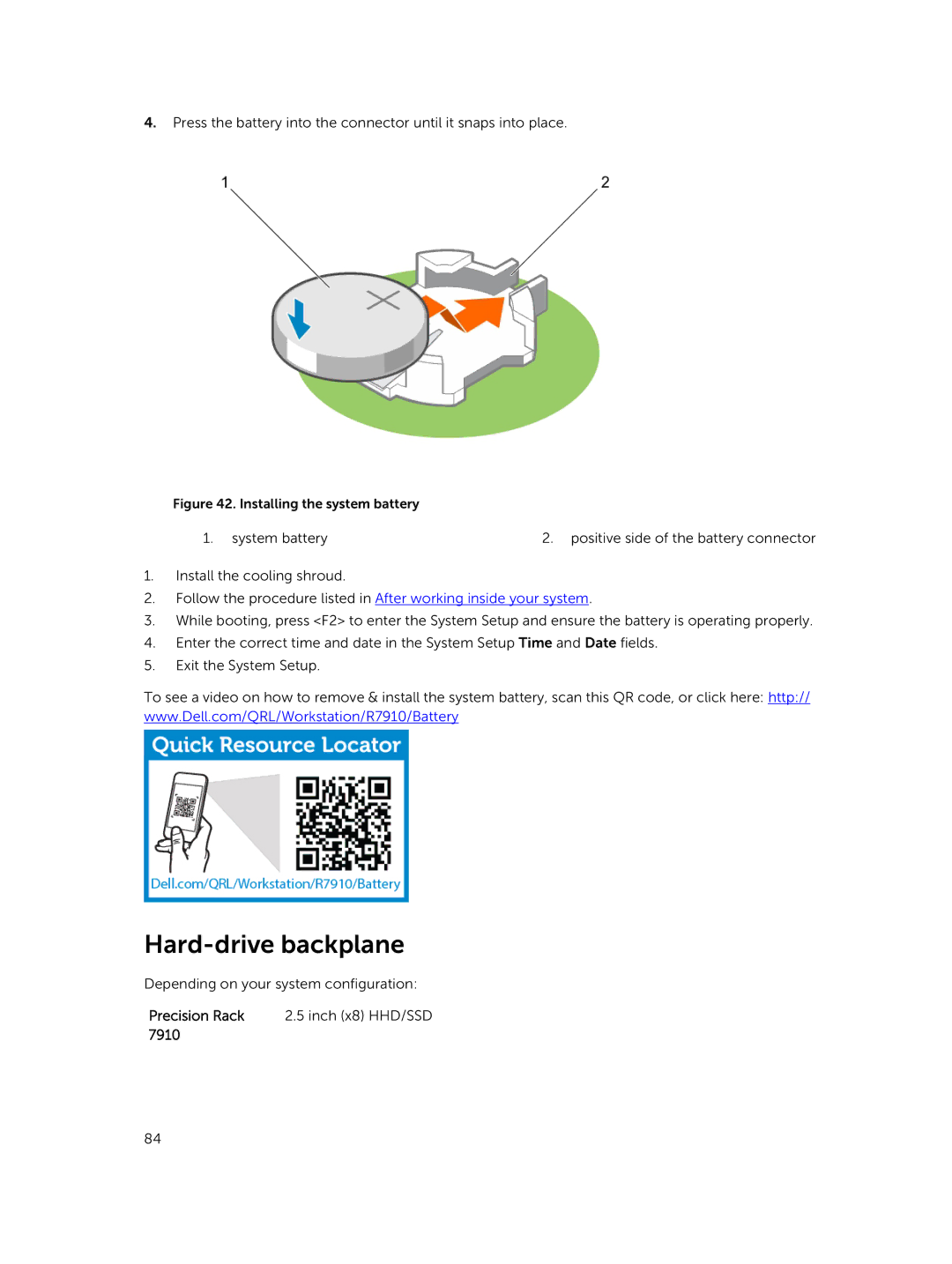 Dell 7910 owner manual Hard-drive backplane, Installing the system battery 