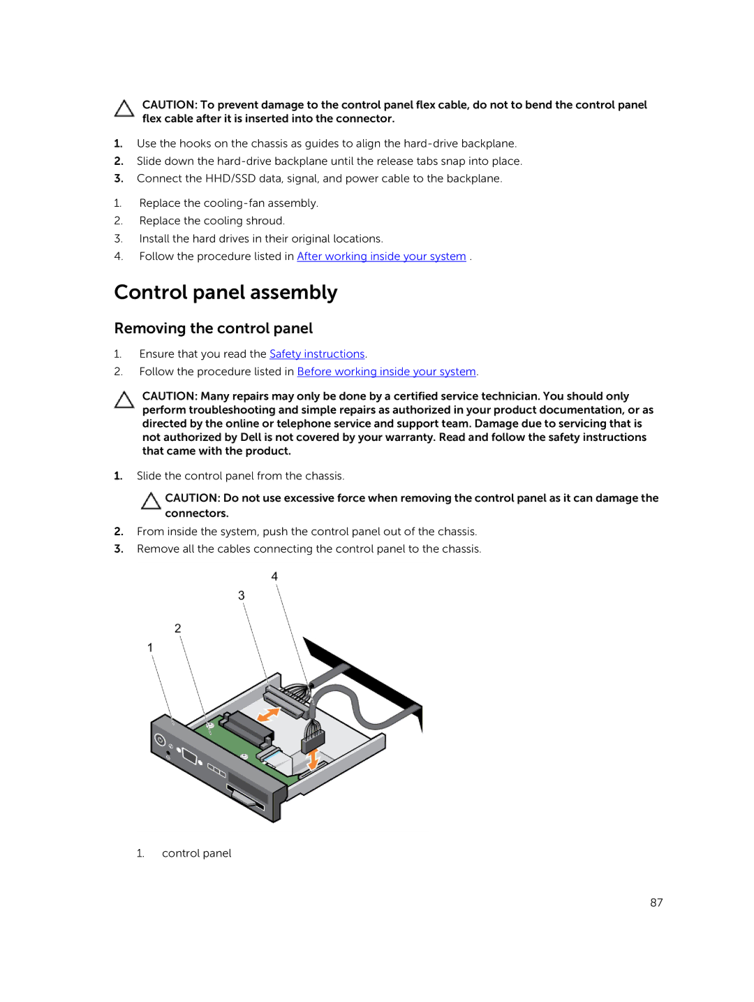 Dell 7910 owner manual Control panel assembly, Removing the control panel 