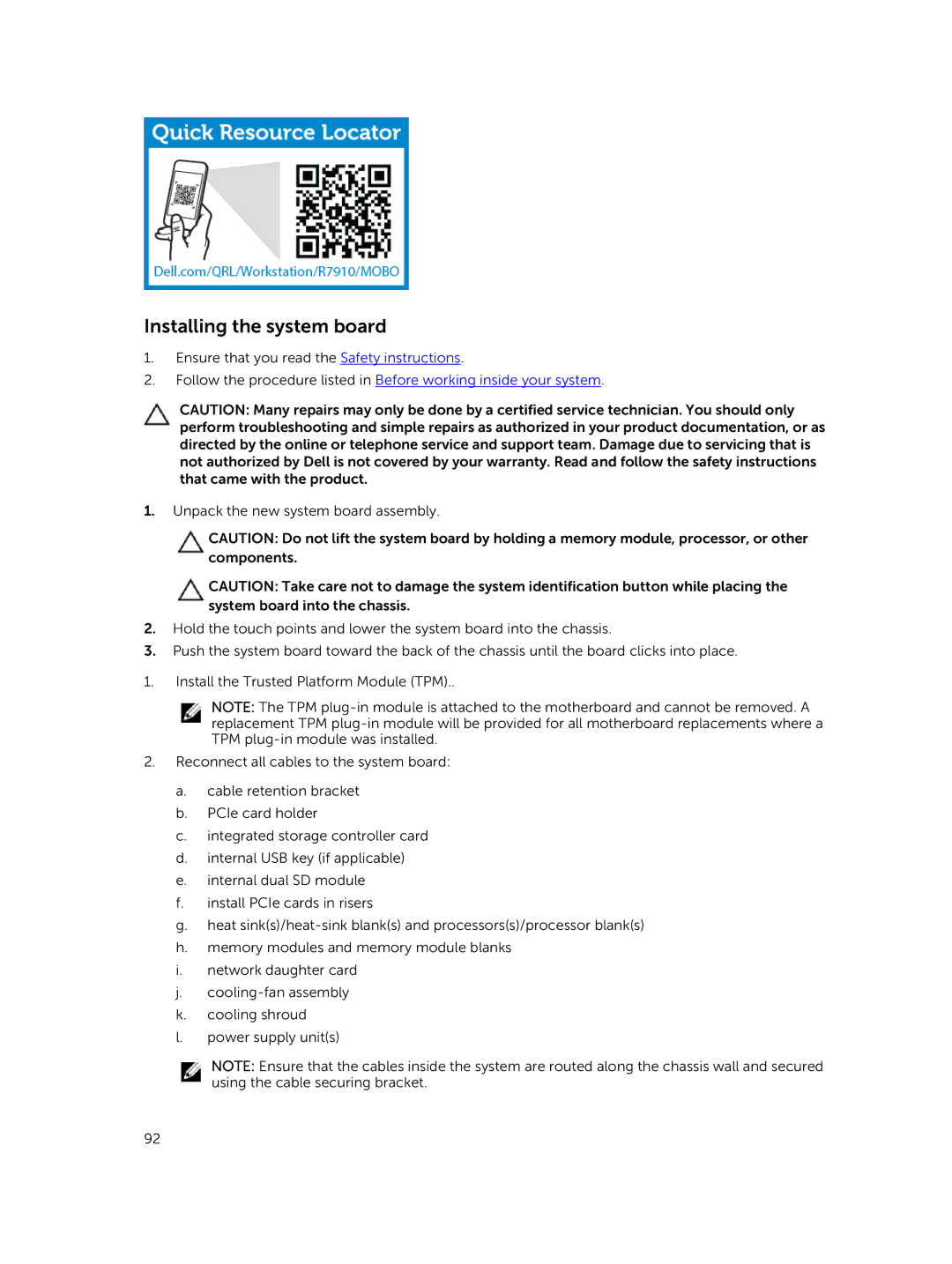 Dell 7910 owner manual Installing the system board 