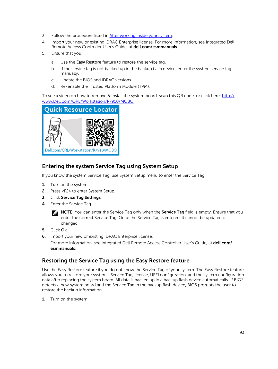 Dell 7910 Entering the system Service Tag using System Setup, Restoring the Service Tag using the Easy Restore feature 