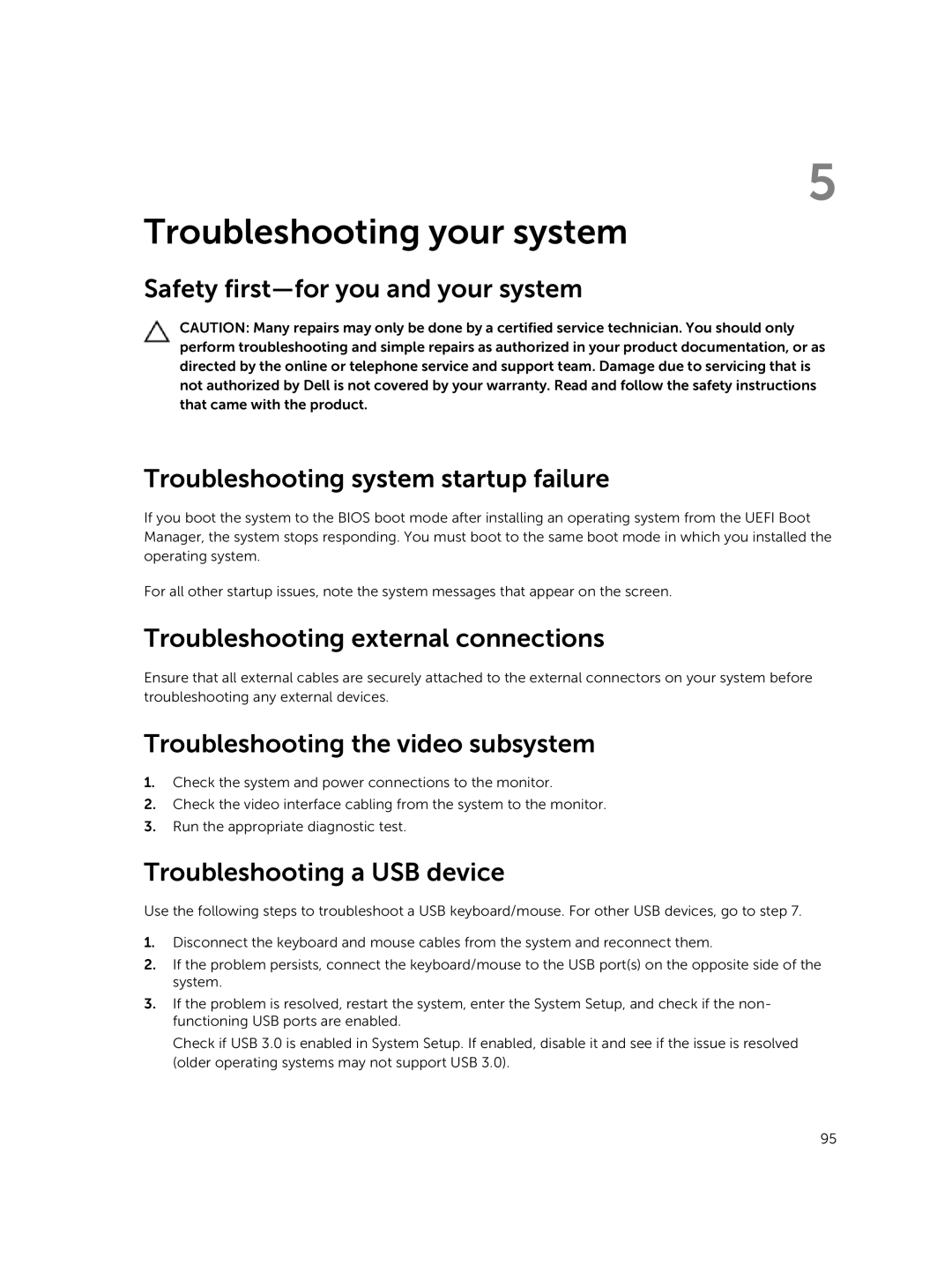 Dell 7910 Troubleshooting your system, Troubleshooting external connections, Troubleshooting the video subsystem 